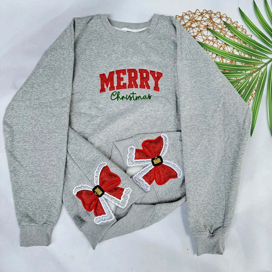 Merry Christmas Glitter Red Side Bow Sweatshirt Embroidered Sweatshirt/Hoodie/Tshirt-Claire Custom