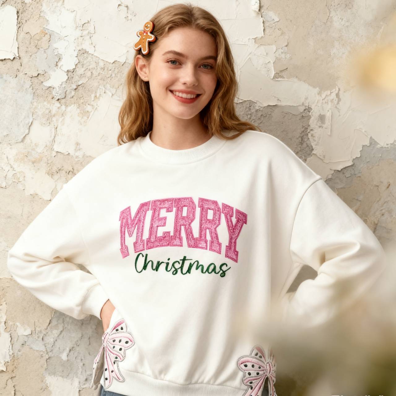 Custom Merry Christmas Glitter Sweatshirt with Bow, Holiday Outfit for Women-Claire Custom