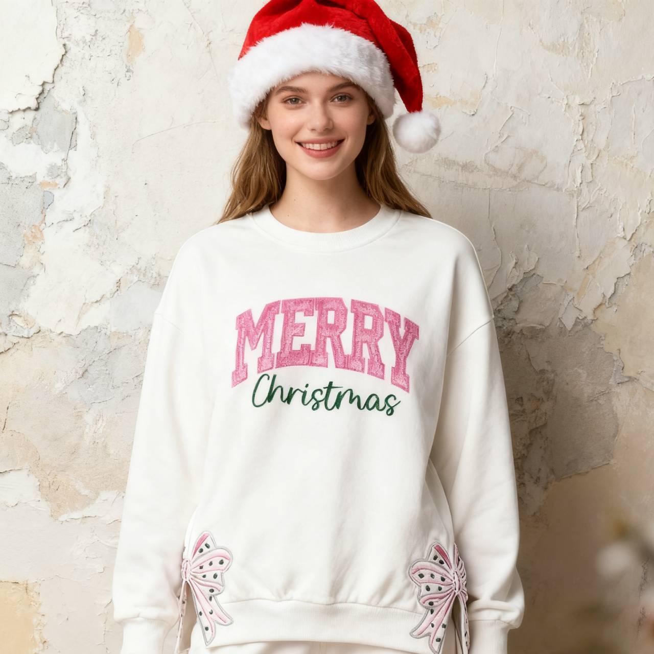 Custom Merry Christmas Glitter Sweatshirt with Bow, Holiday Outfit for Women-Claire Custom