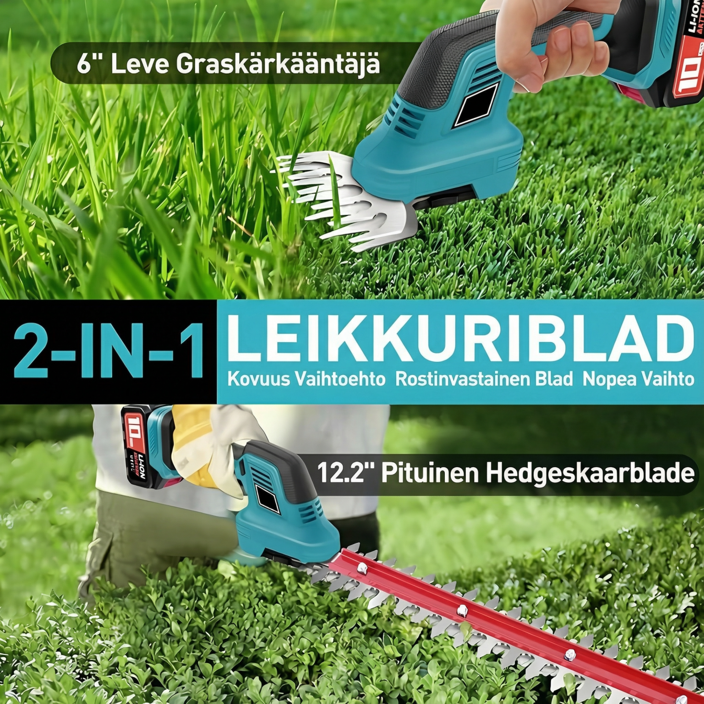 2‑in‑1 langaton ruohon- ja pensasleikkuri, 2 akkua – kevyt ja kompakti puutarhaleikkuri