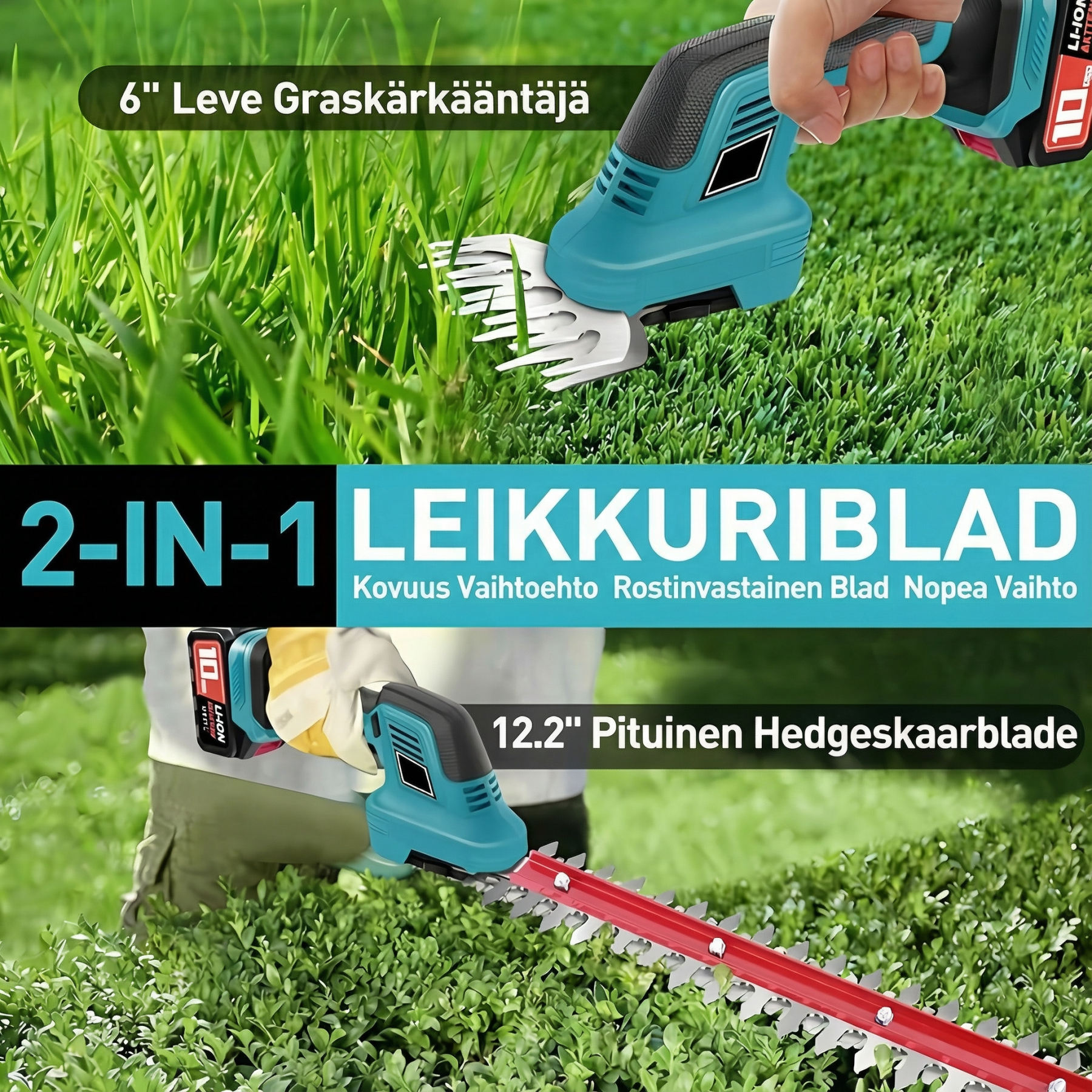 2‑in‑1 langaton ruohon- ja pensasleikkuri, 2 akkua – kevyt ja kompakti puutarhaleikkuri