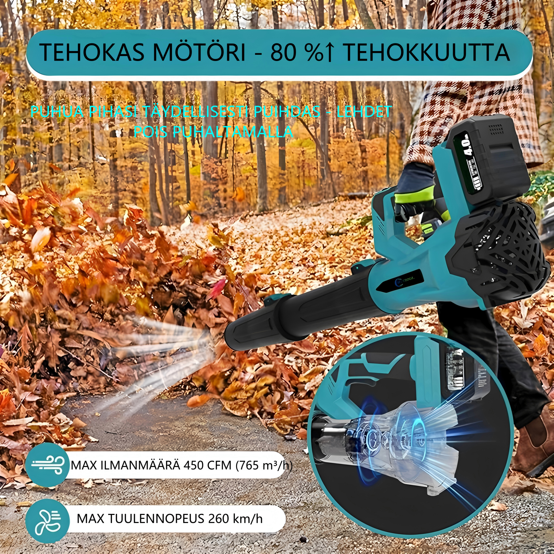 21V langaton 6-nopeusasteinen lapupuhallin: Nopeaan ja tehokkaaseen piha- & terassisiivoukseen – mukana 2 akkua