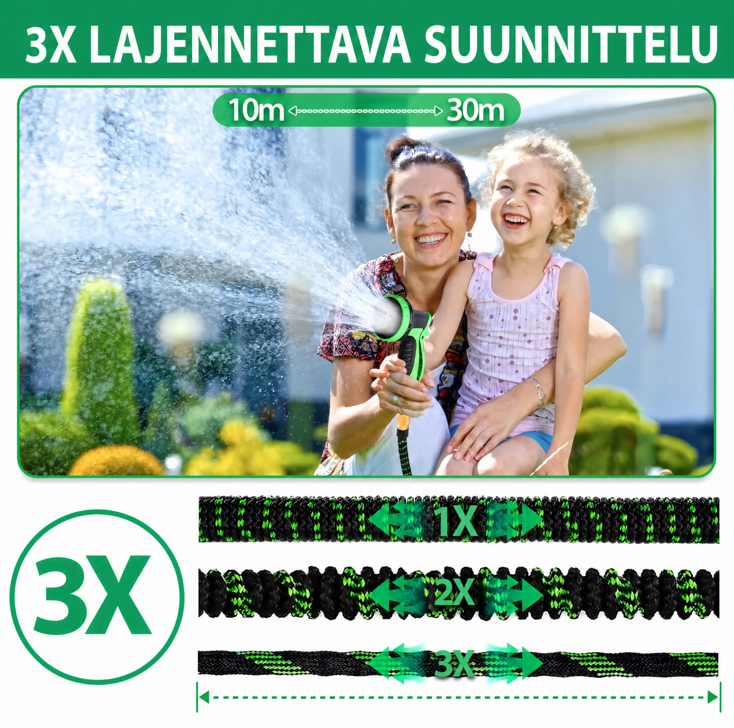 Taianomaisesti laajeneva puutarhaletku – täydellinen auton pesuun, puutarhakalusteiden puhdistukseen ja kasvien kasteluun.