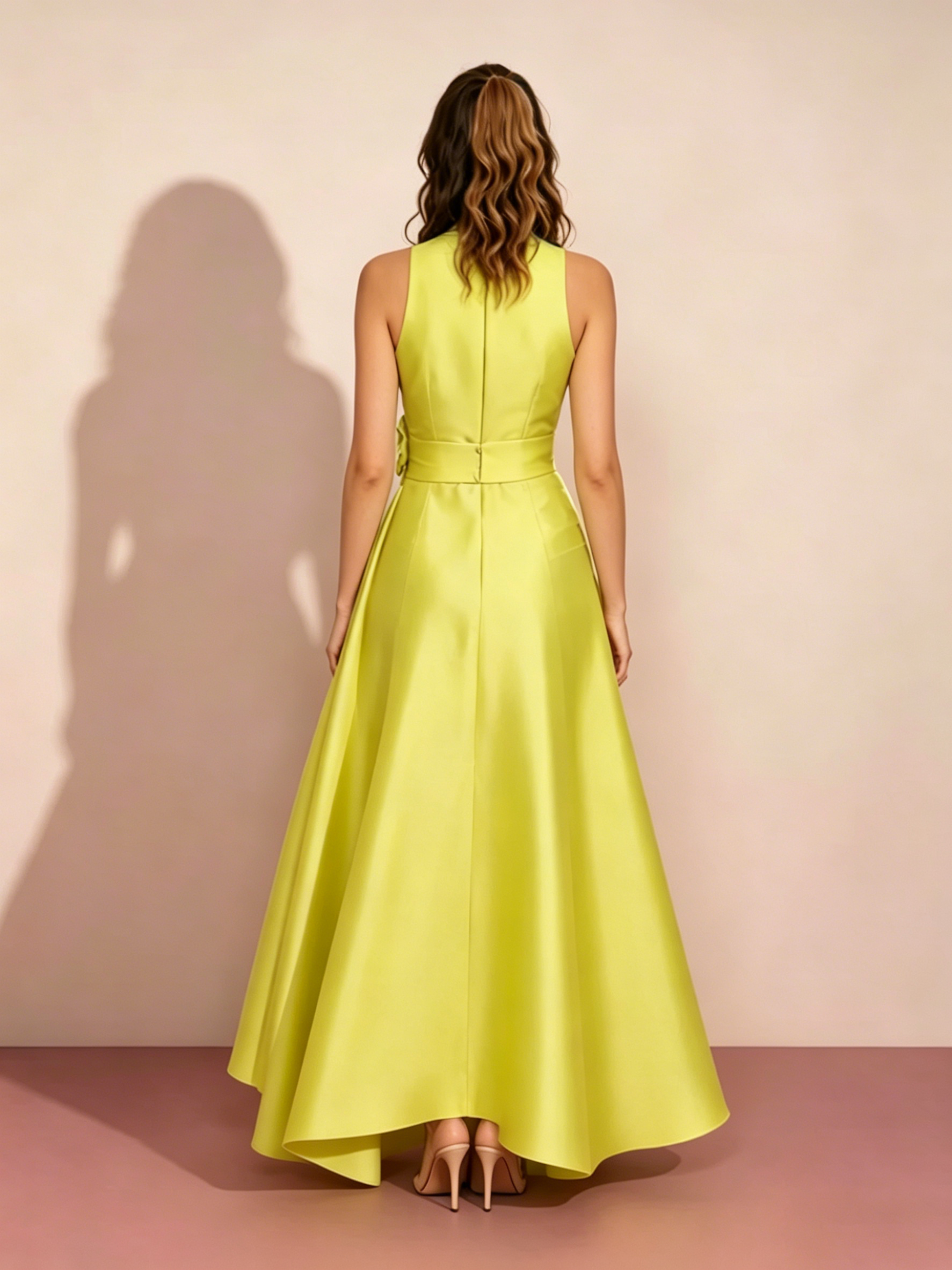 Satin A-Line Evening Gown with Sculptural Floral Detail