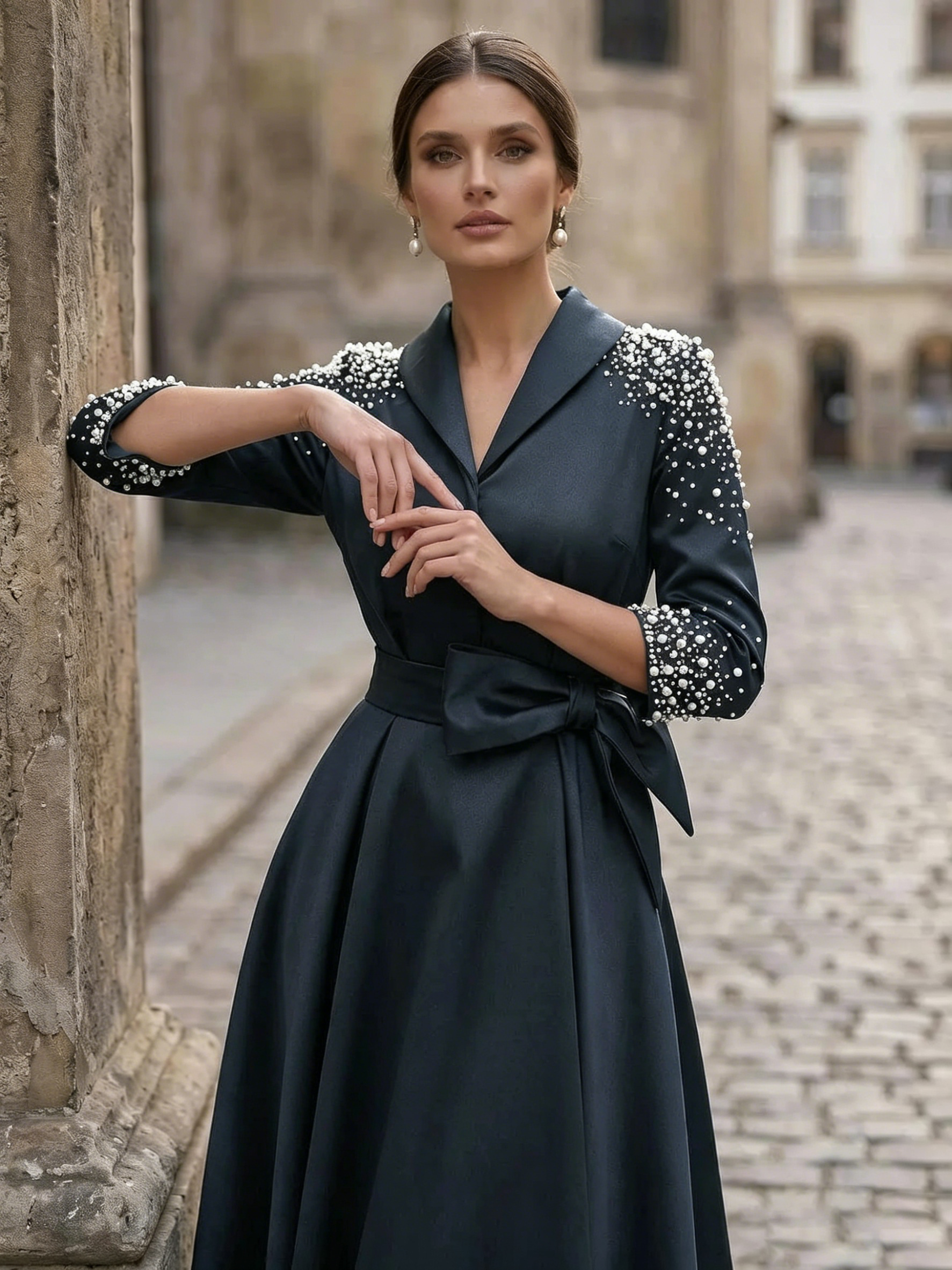 A-Line V-Neck 3/4 Sleeves Tea-Length Satin Mother Of The Bride Dresses With Bow(s)/Beading