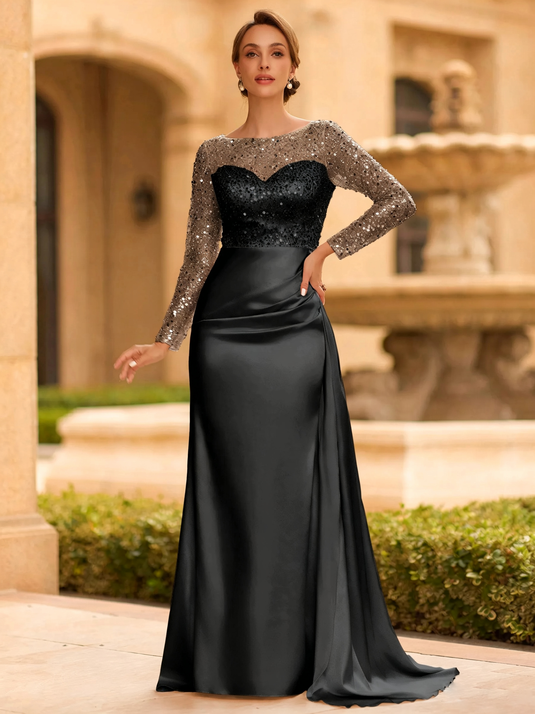 Sophisticated Sheath Scoop Long Sleeves Sequin Floor-Length Silk Like Satin Mother of the Bride Dress