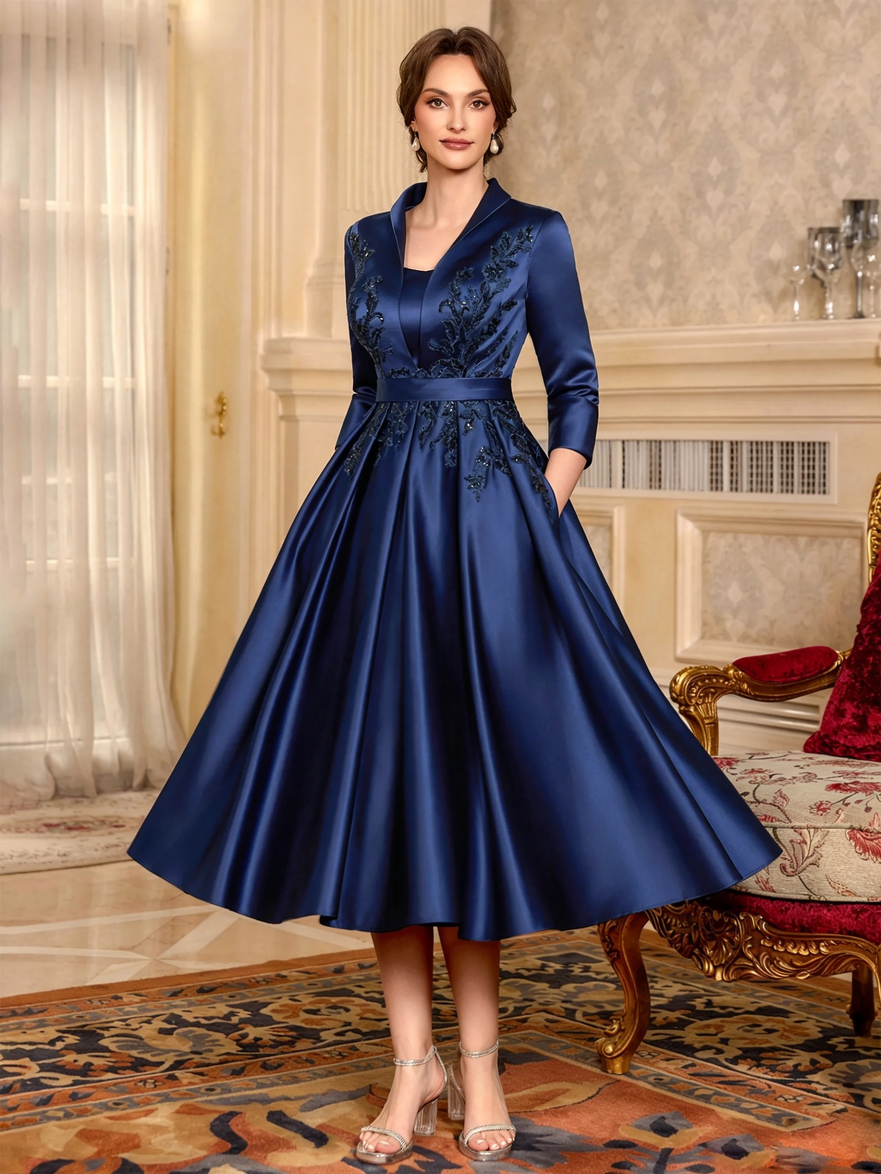 Elegant A-Line V-Neck Appliques Lace Tea-Length Satin Corset Mother of the Bride Dress