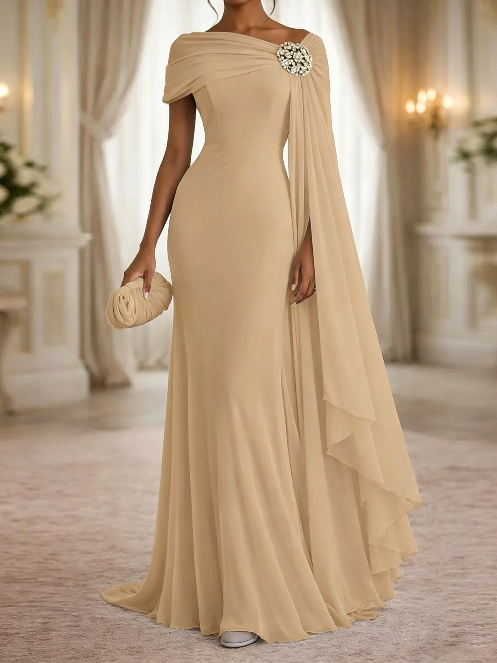 Stunning Sheath One-Shoulder Rhinestone Sweep Train Chiffon Corset Mother of the Bride Dress