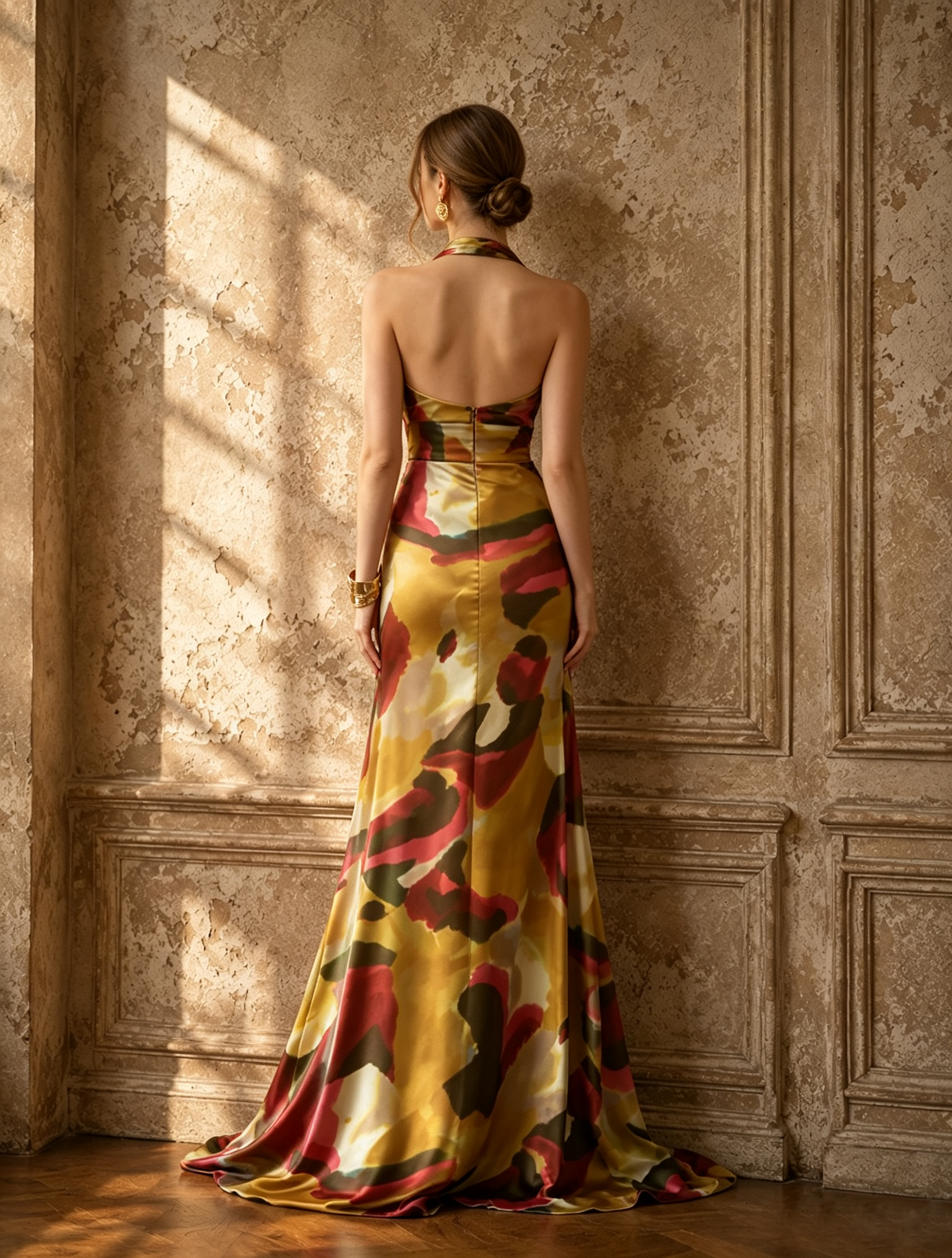 Halter Abstract Floral Print Satin Long Dress