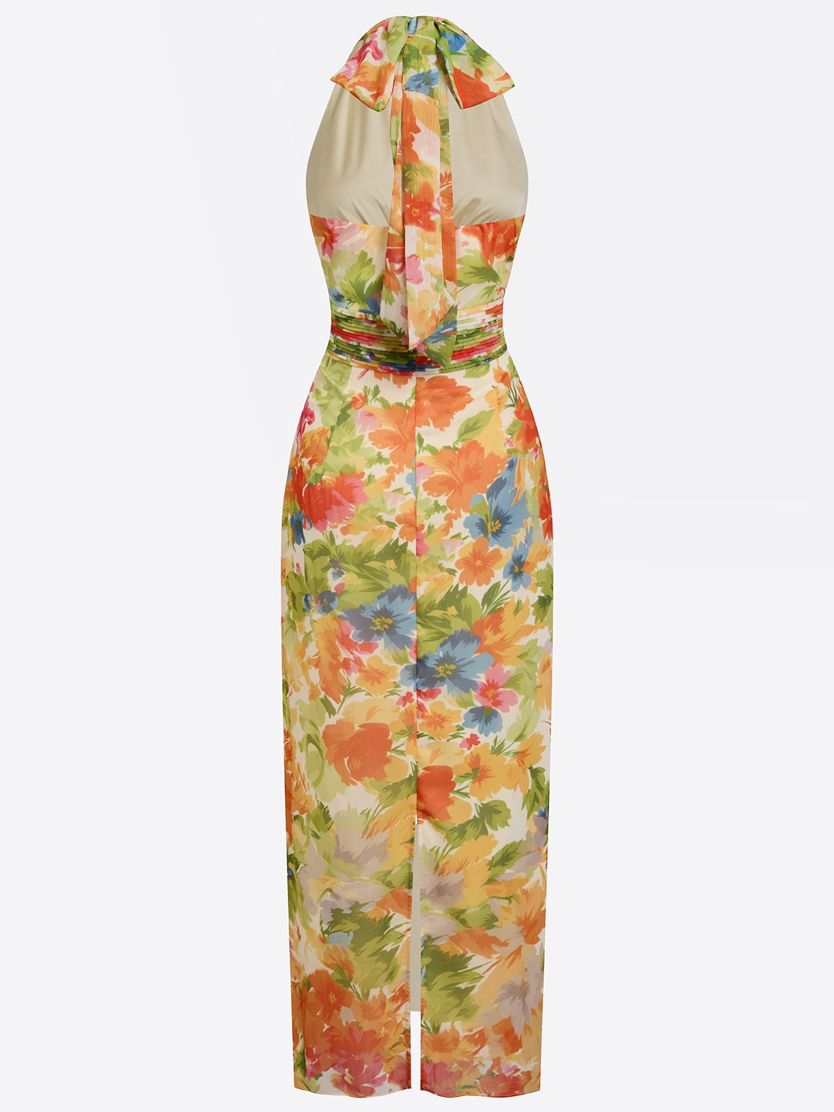Yellow Floral Bow Chiffon Halter Neck Sleeveless Sheath Floor-length Gown Dress