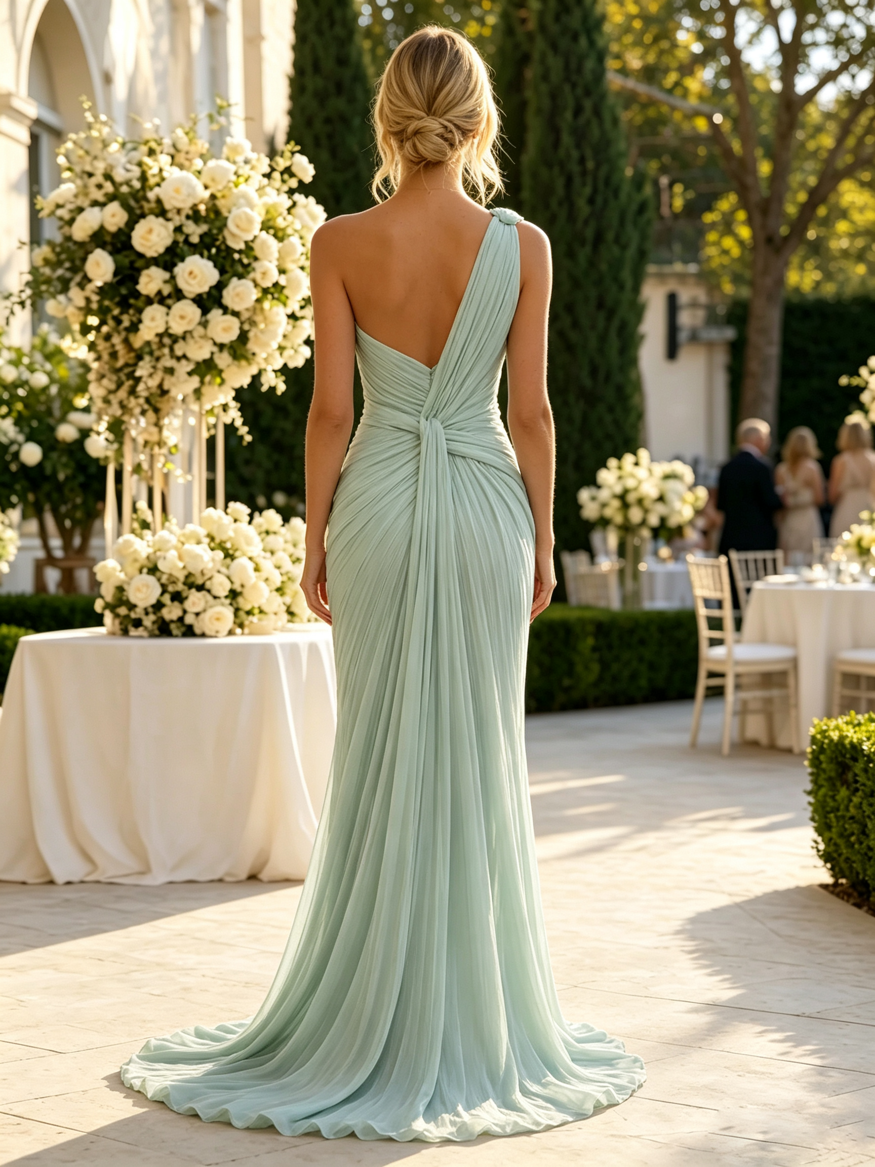 One-Shoulder Pleated Sage Green Chiffon Gown