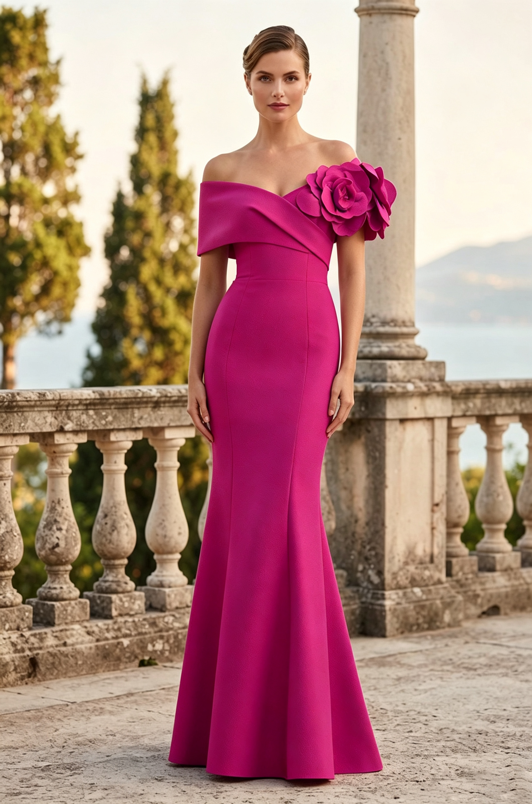 Off-The-Shoulder Floral Accent Mermaid Evening Gown