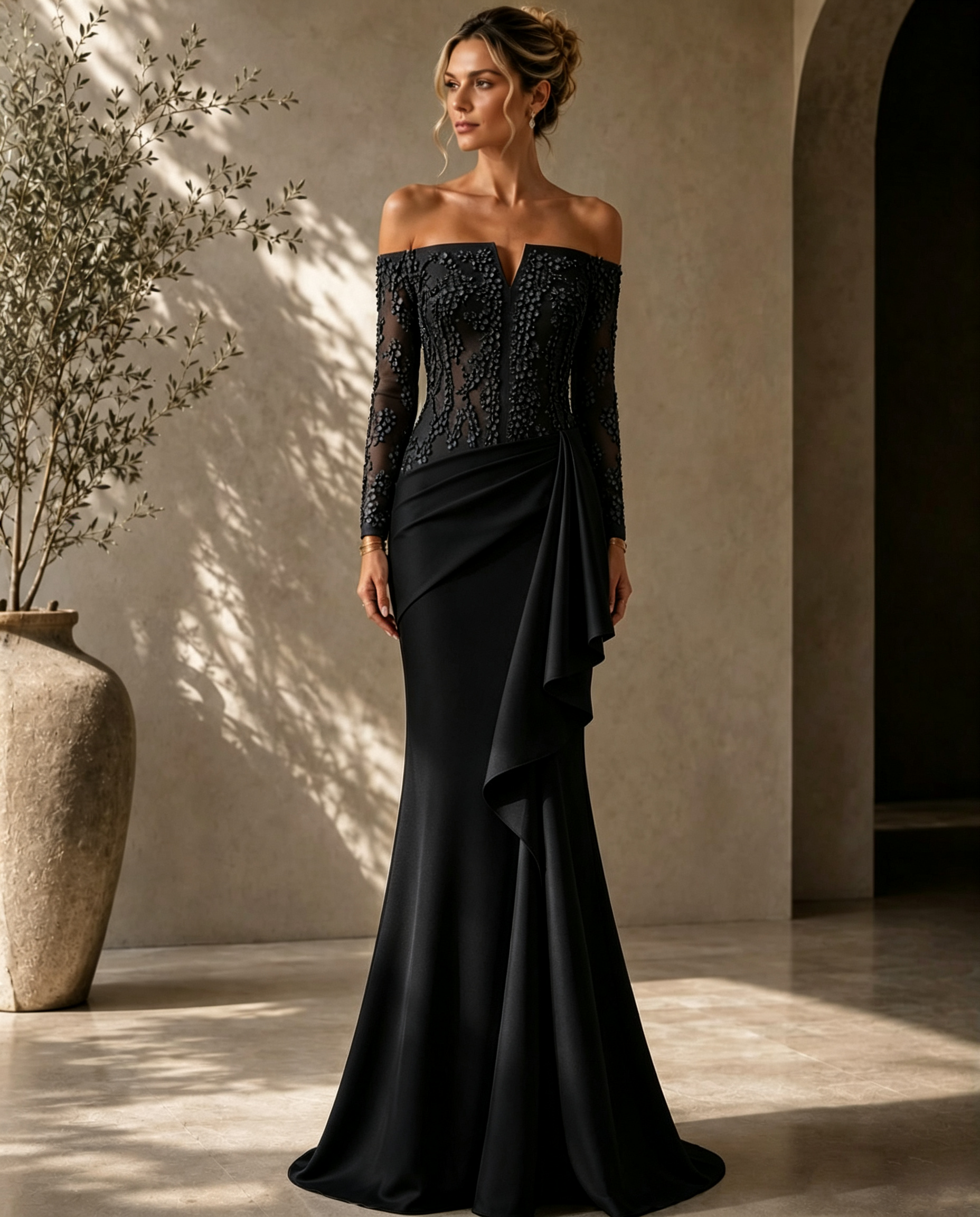 Elegant Off-Shoulder Lace-Bodice Gown