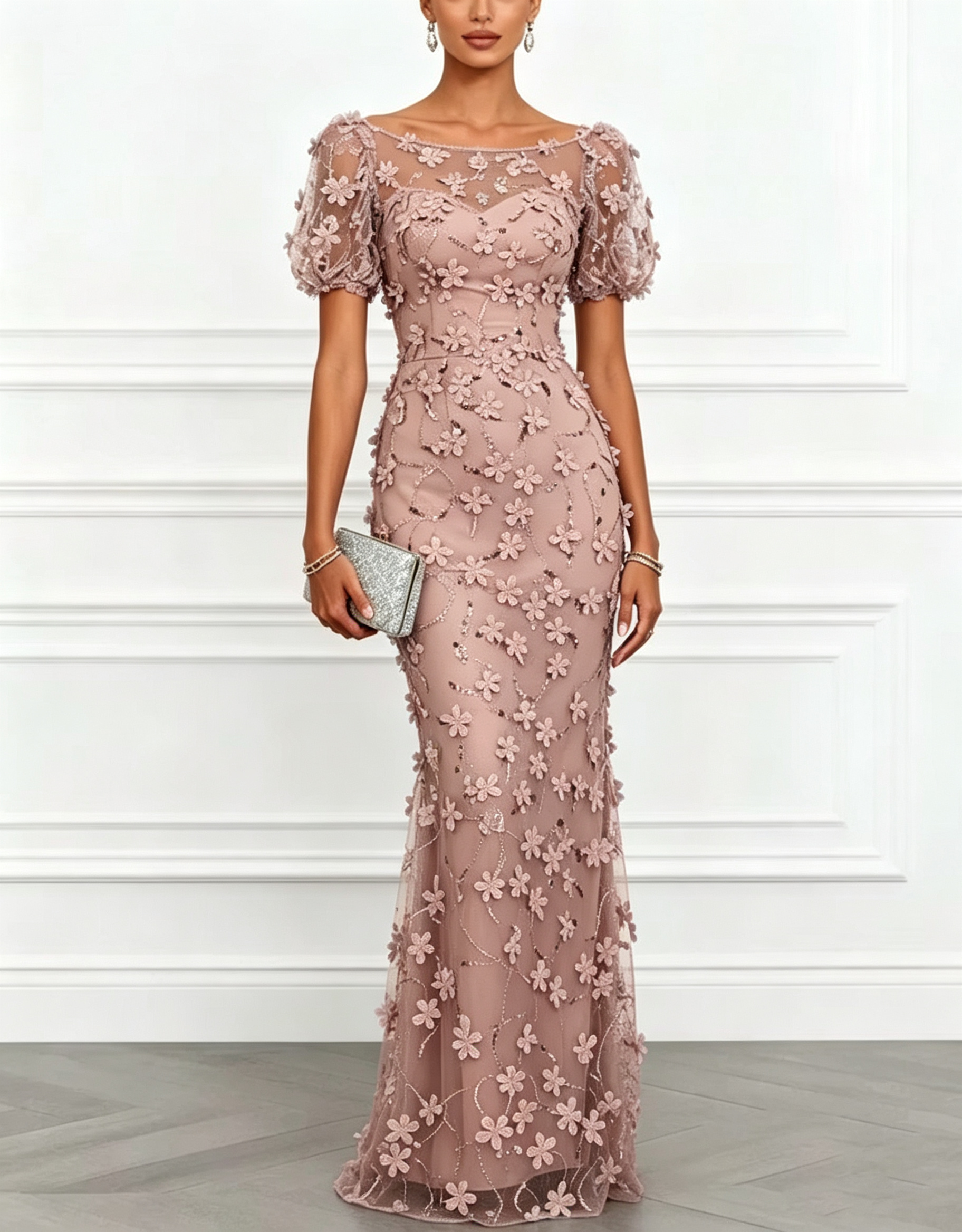 Light Blue 3D Floral Mesh Mermaid Maxi Dress