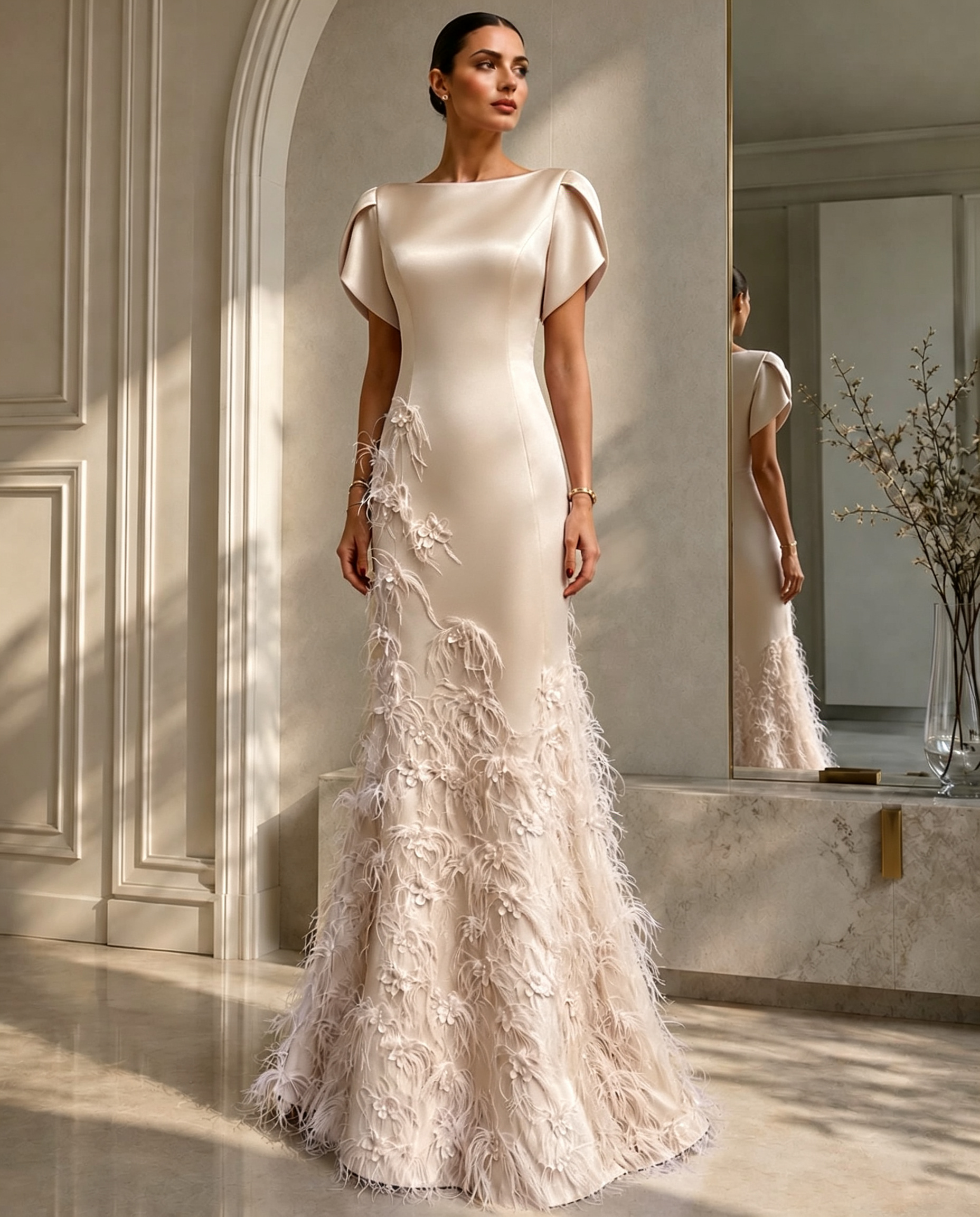 Elegant Lavender Boat-Neck Gown With Floral Feather Appliqué