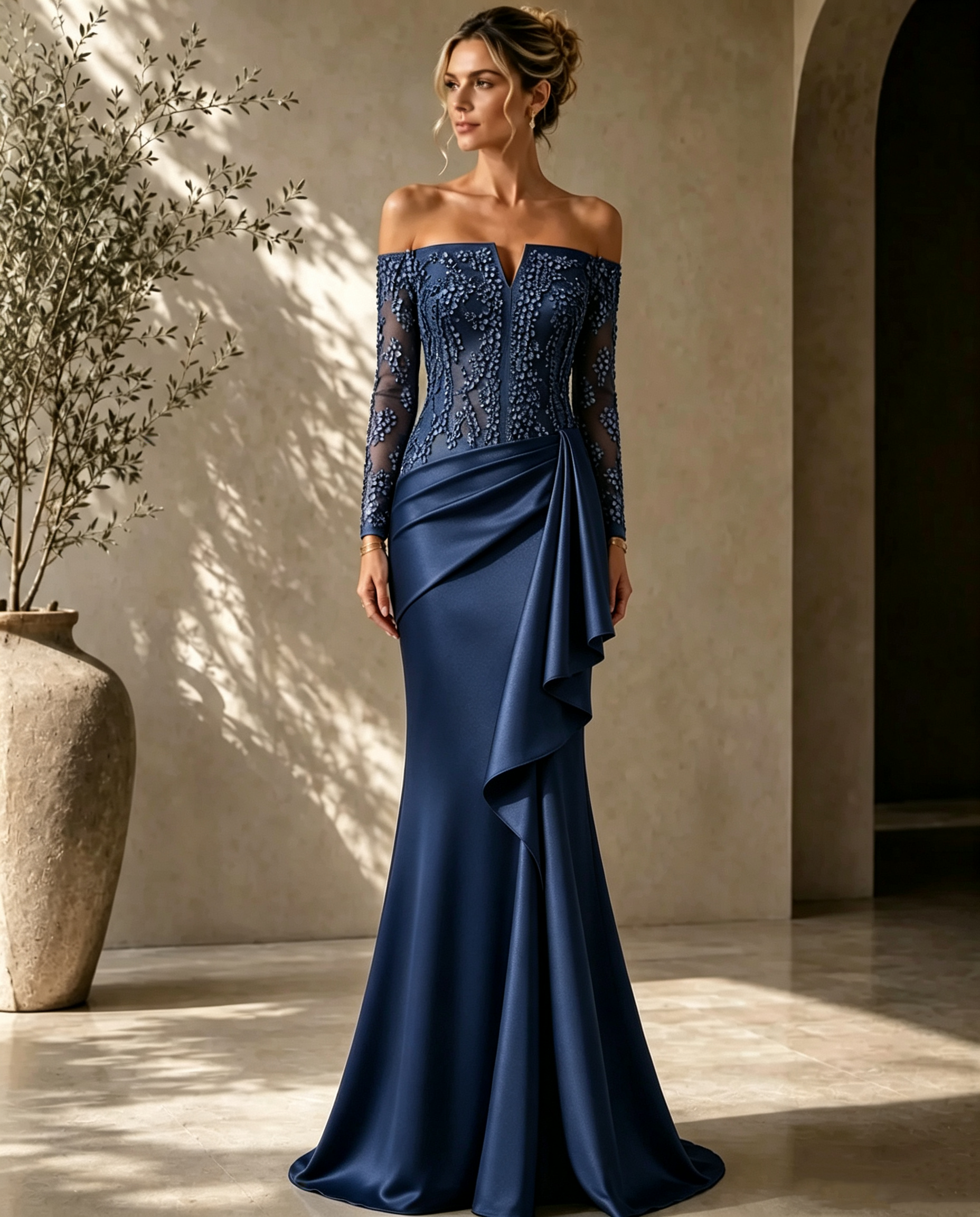 Elegant Off-Shoulder Lace-Bodice Gown