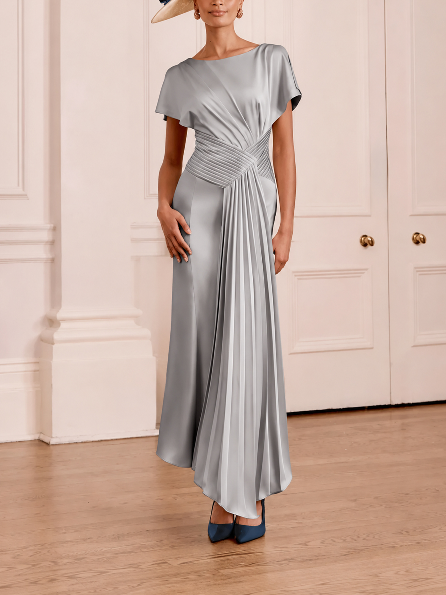 Draped Bodice Pleated Crepe Midi Dress