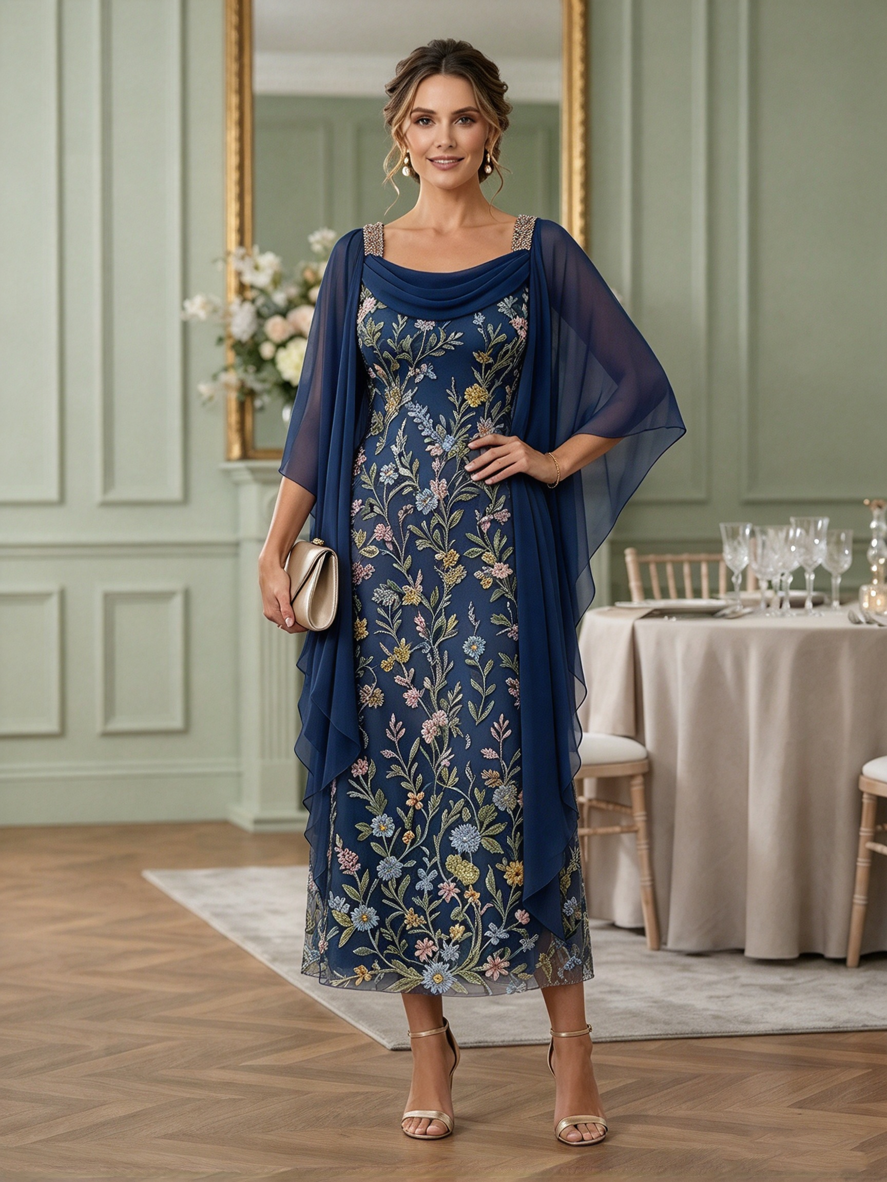 Embroidered Mesh Midi Dress With Chiffon Capelet