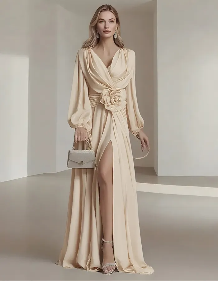 Elegant Chiffon Solid Color Long Slit Puff Sleeve Maxi Dress