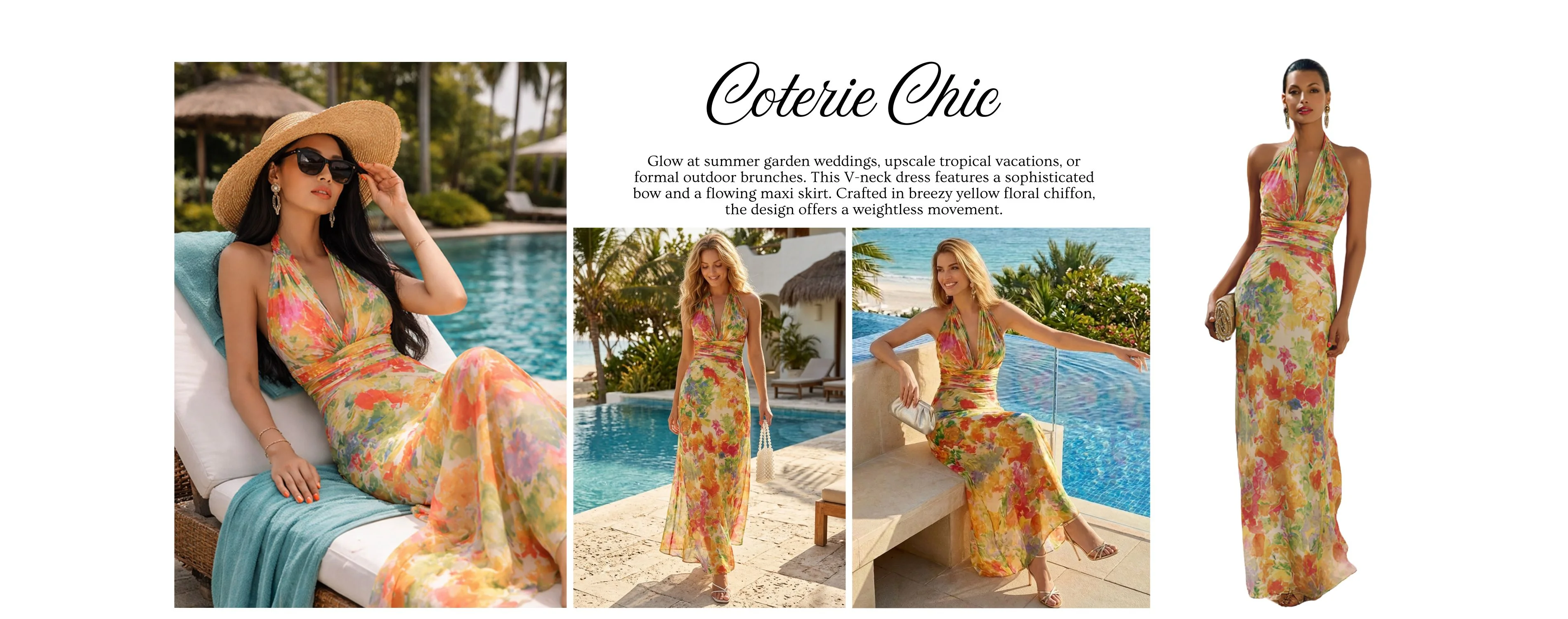 Yellow Floral Bow Chiffon Halter Neck Sleeveless Sheath Floor-length Gown Dress