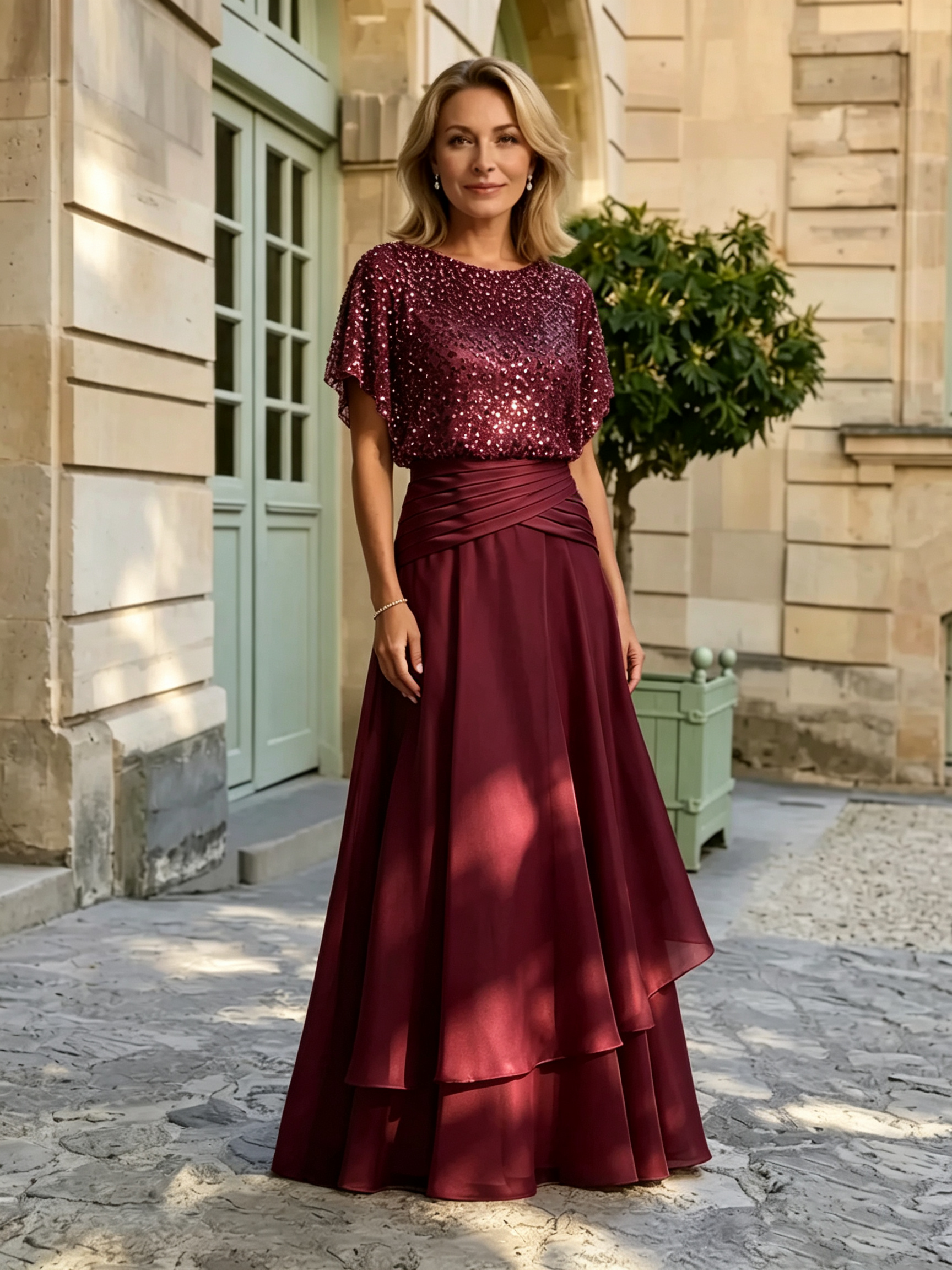 Sparkly Sequined Champagne Satin Mermaid Long Mother of the Bride Dress
