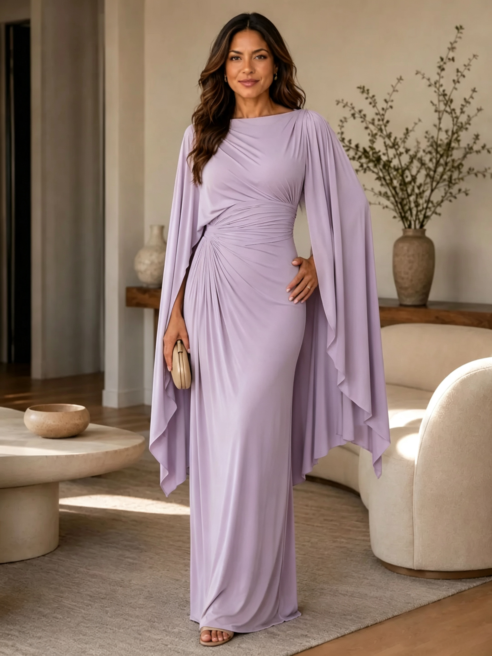 Boat Neck Draped Cape Sleeve Evening Gown