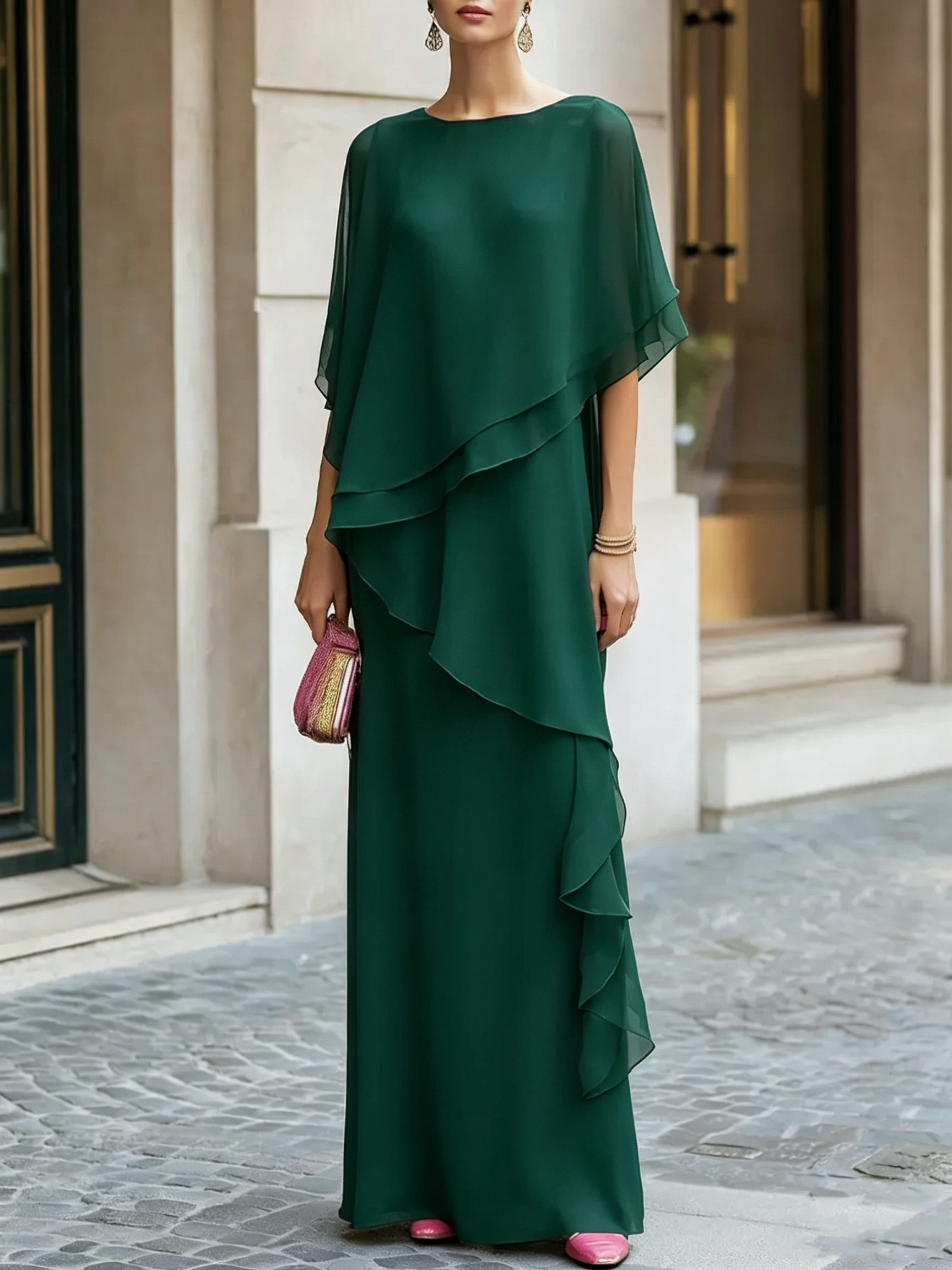Layered Chiffon Boat Neck Floor-Length Evening Gown