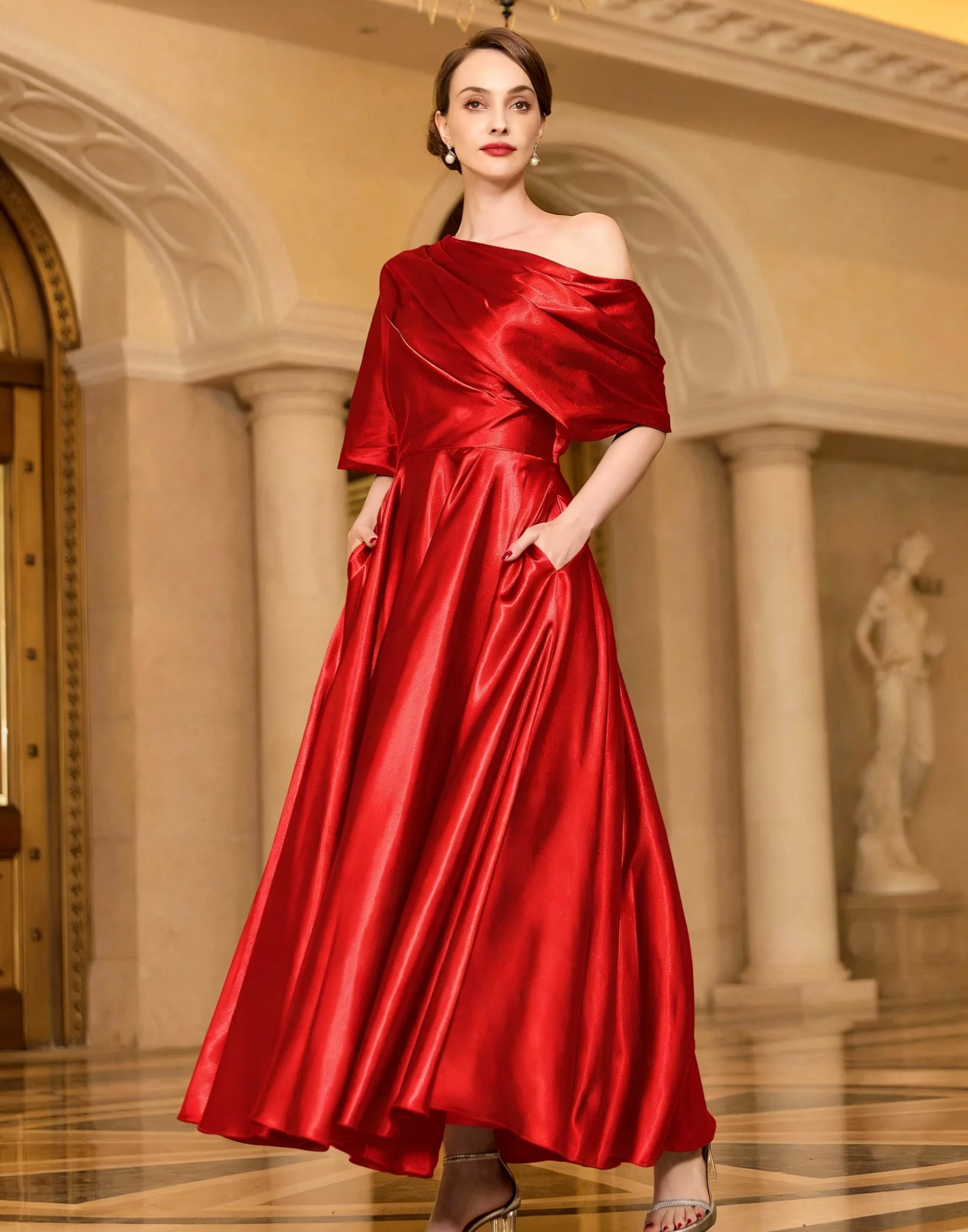 Radiant A-line Short Sleeves Pleated Ankle-Length Silk like Satin Mother of the Bride Dress