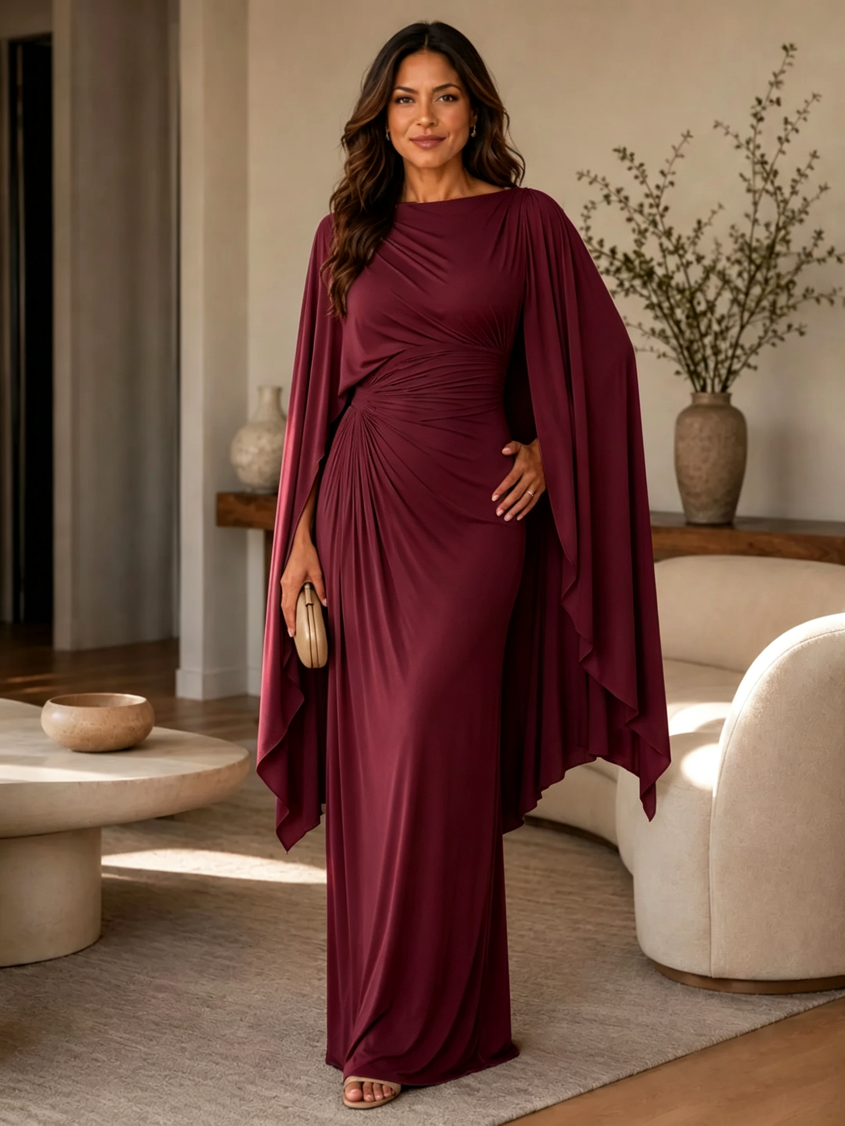 Boat Neck Draped Cape Sleeve Evening Gown