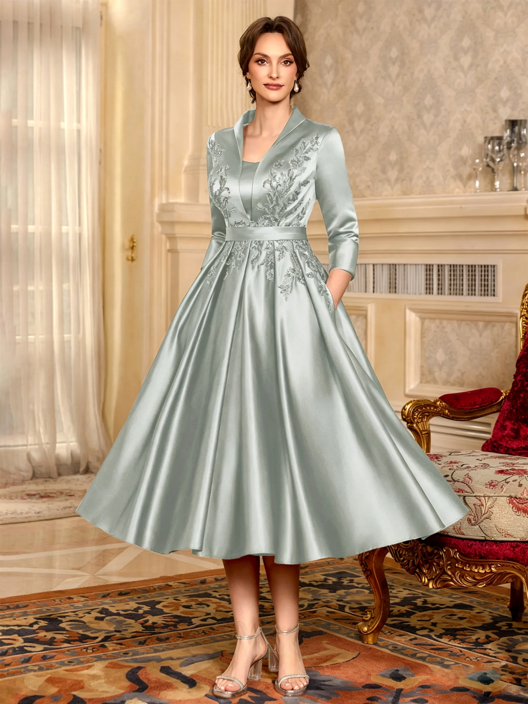 Elegant A-Line V-Neck Appliques Lace Tea-Length Satin Corset Mother of the Bride Dress