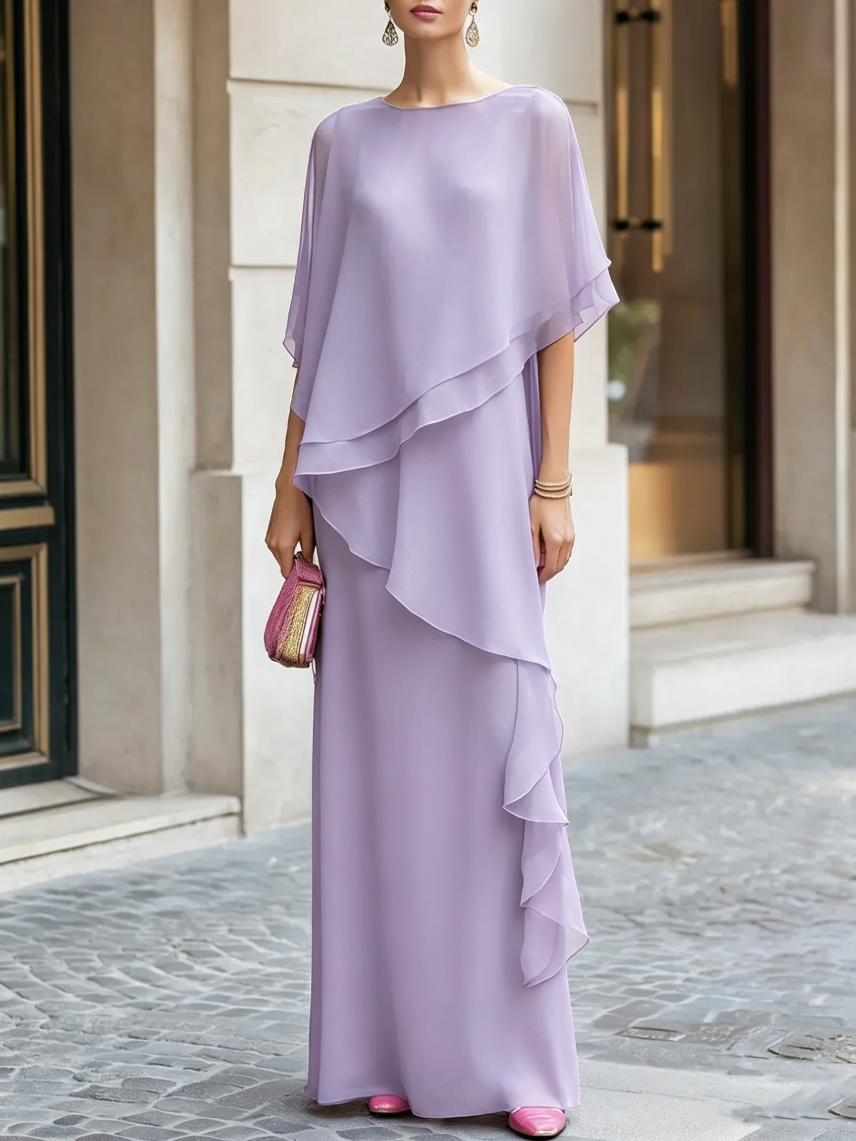 Layered Chiffon Boat Neck Floor-Length Evening Gown