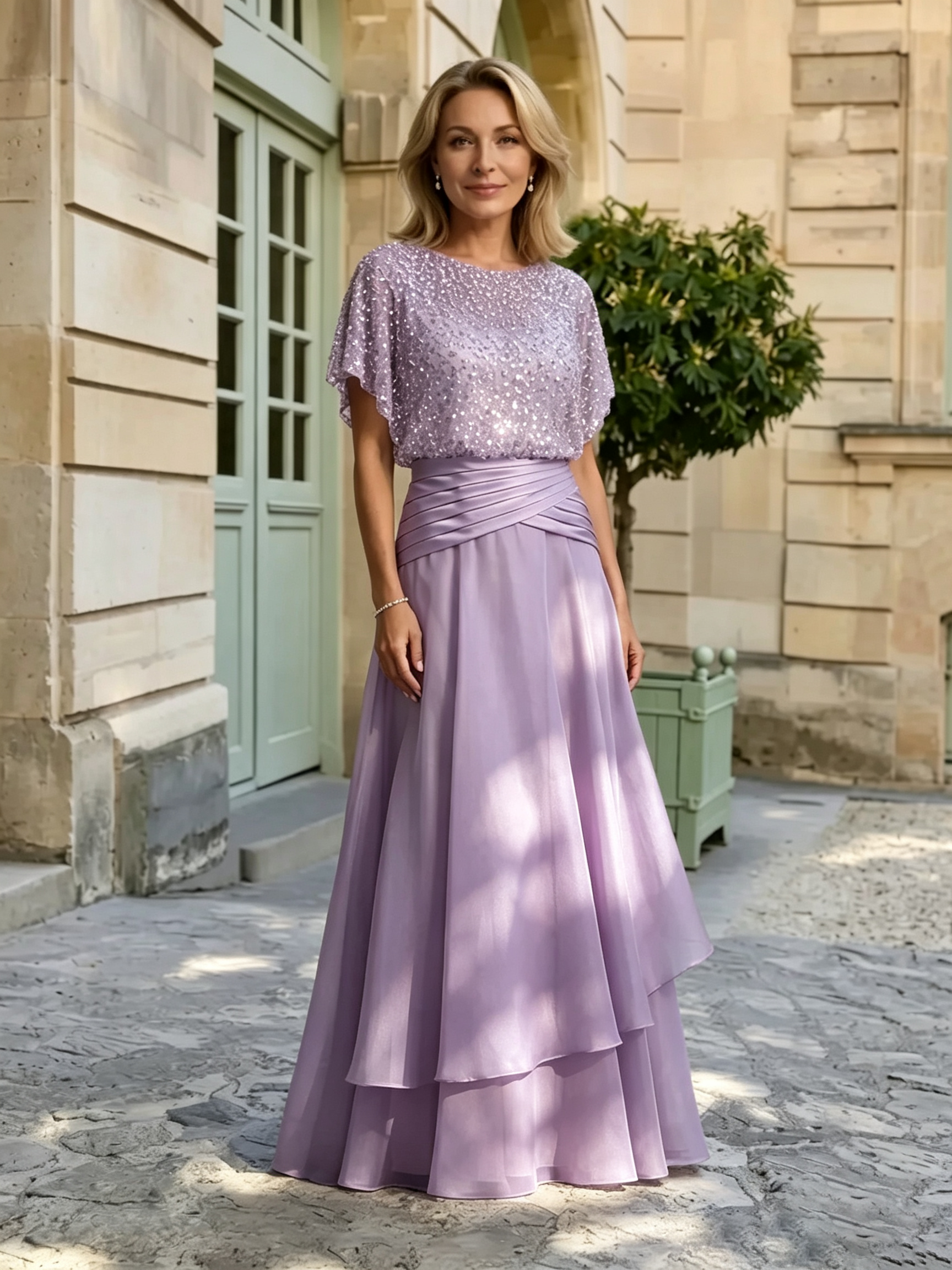 Sparkly Sequined Champagne Satin Mermaid Long Mother of the Bride Dress