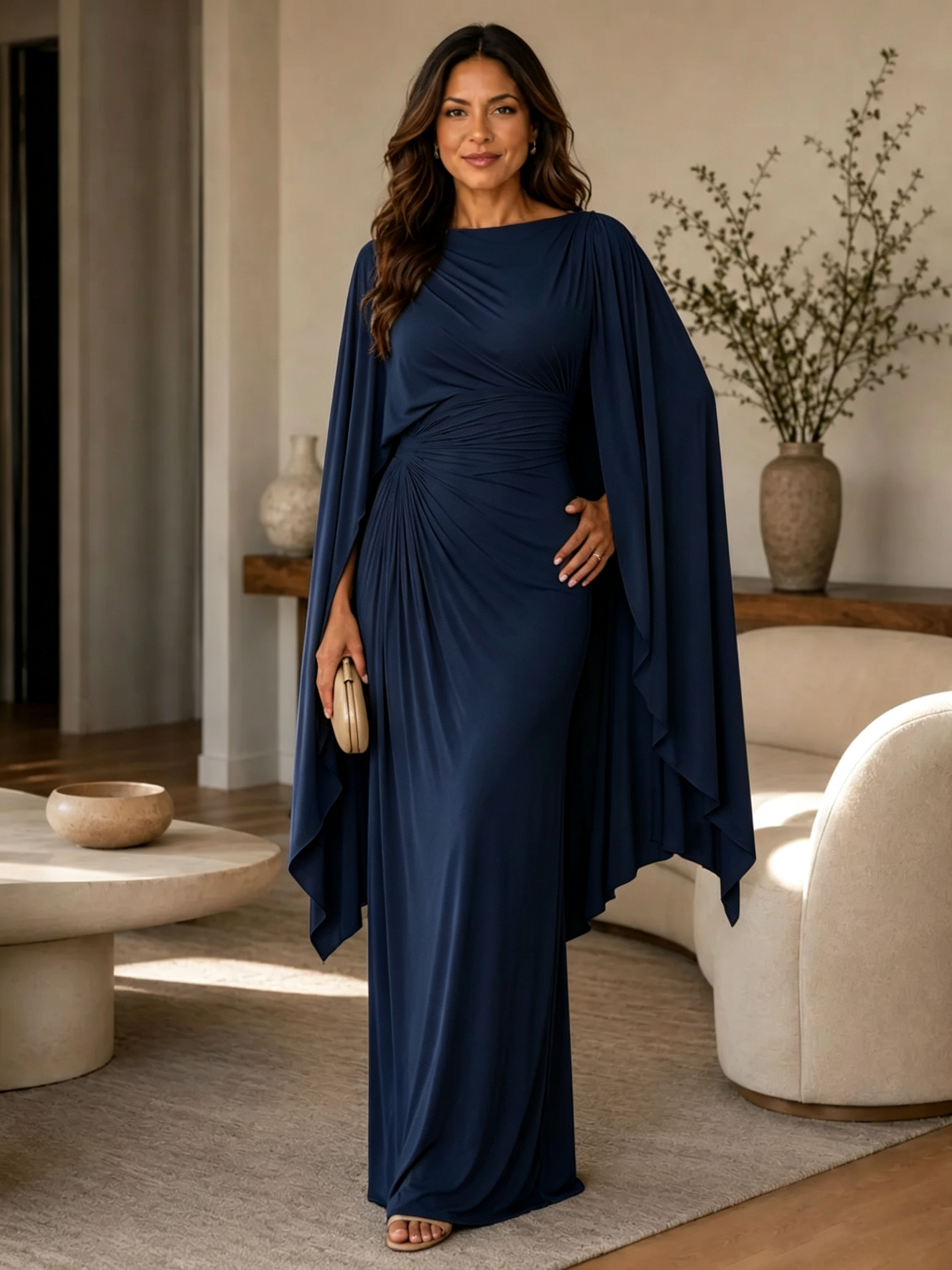 Boat Neck Draped Cape Sleeve Evening Gown