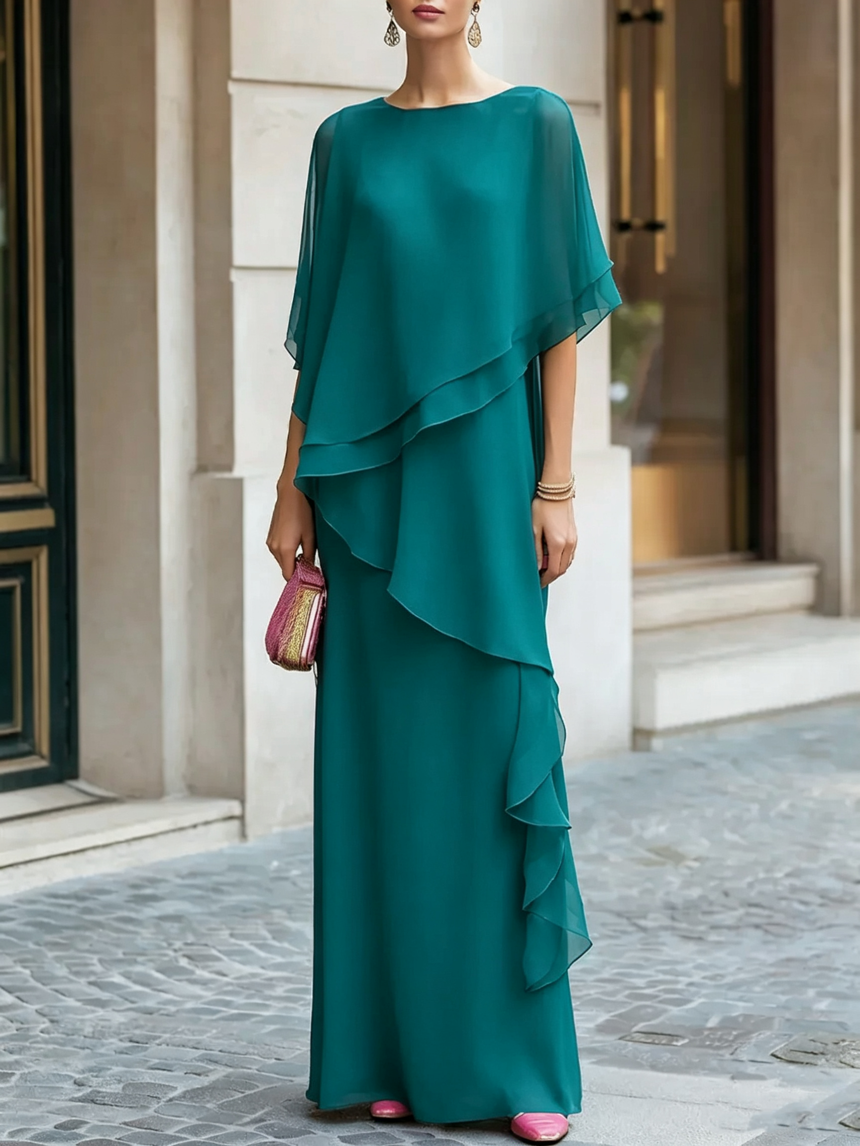 Layered Chiffon Boat Neck Floor-Length Evening Gown