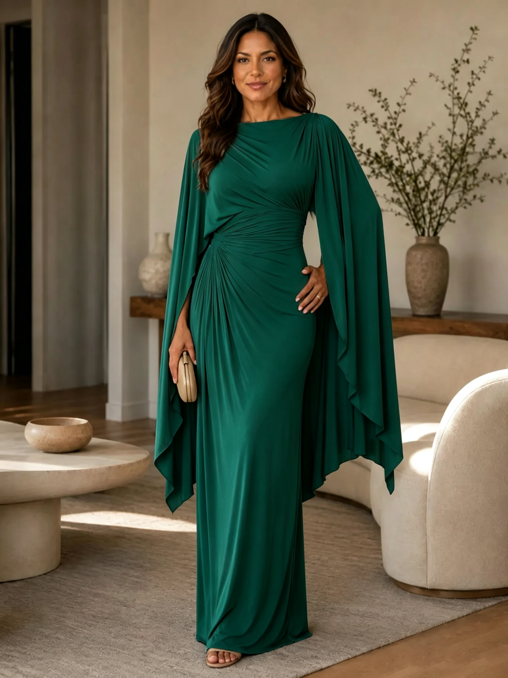 Boat Neck Draped Cape Sleeve Evening Gown