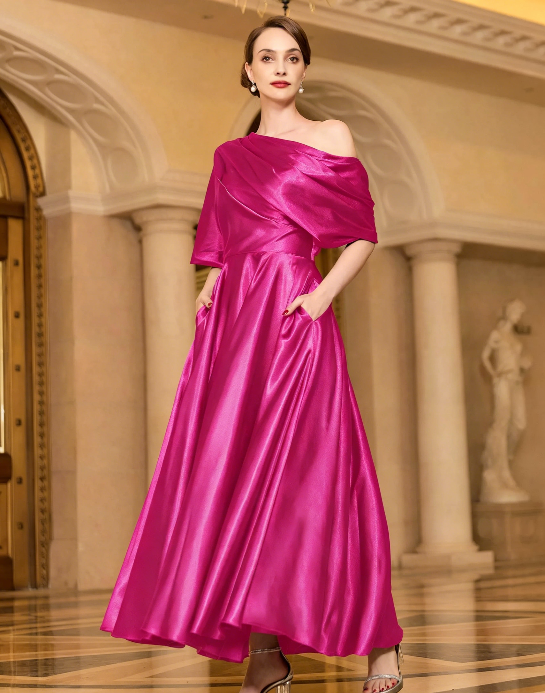 Radiant A-line Short Sleeves Pleated Ankle-Length Silk like Satin Mother of the Bride Dress