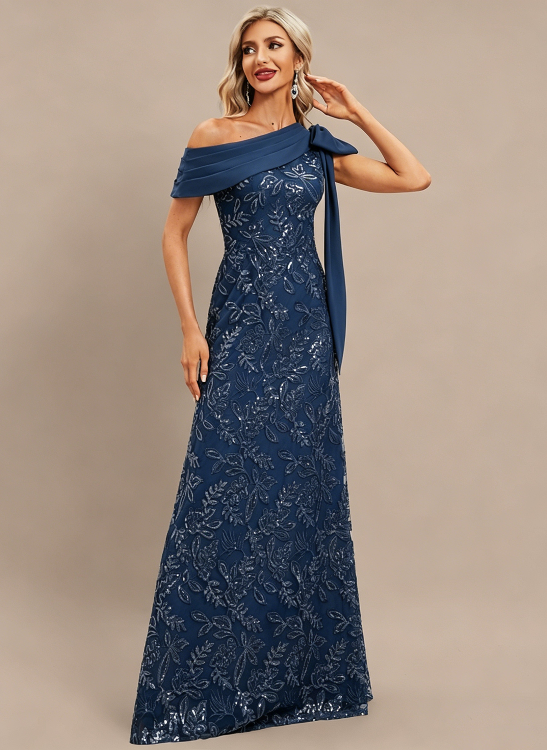 Plum Sheath/Column One Shoulder Pleated Lace Dress