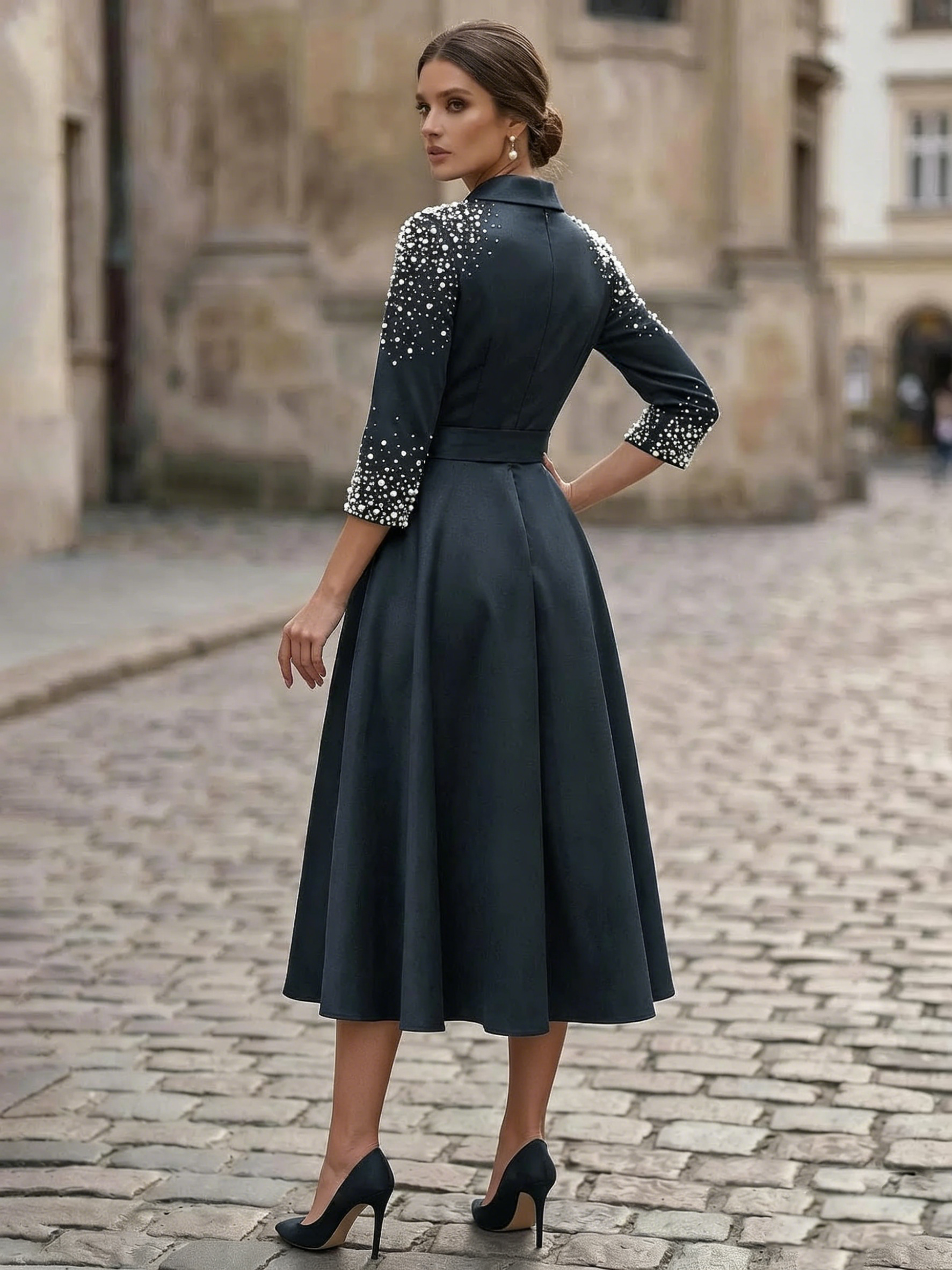A-Line V-Neck 3/4 Sleeves Tea-Length Satin Mother Of The Bride Dresses With Bow(s)/Beading