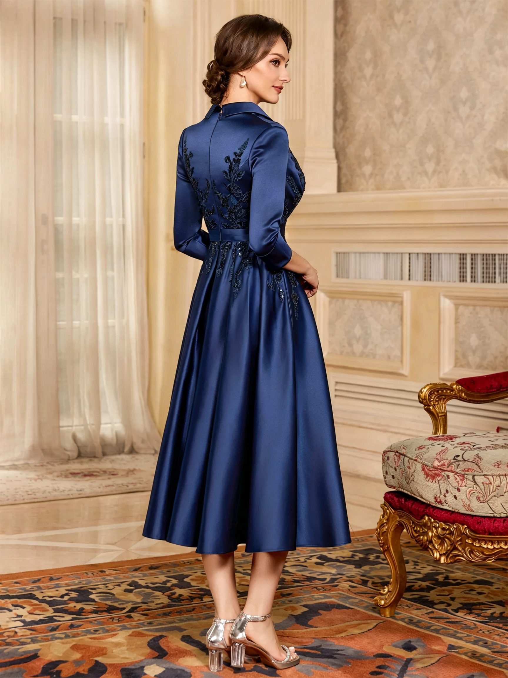 Elegant A-Line V-Neck Appliques Lace Tea-Length Satin Corset Mother of the Bride Dress