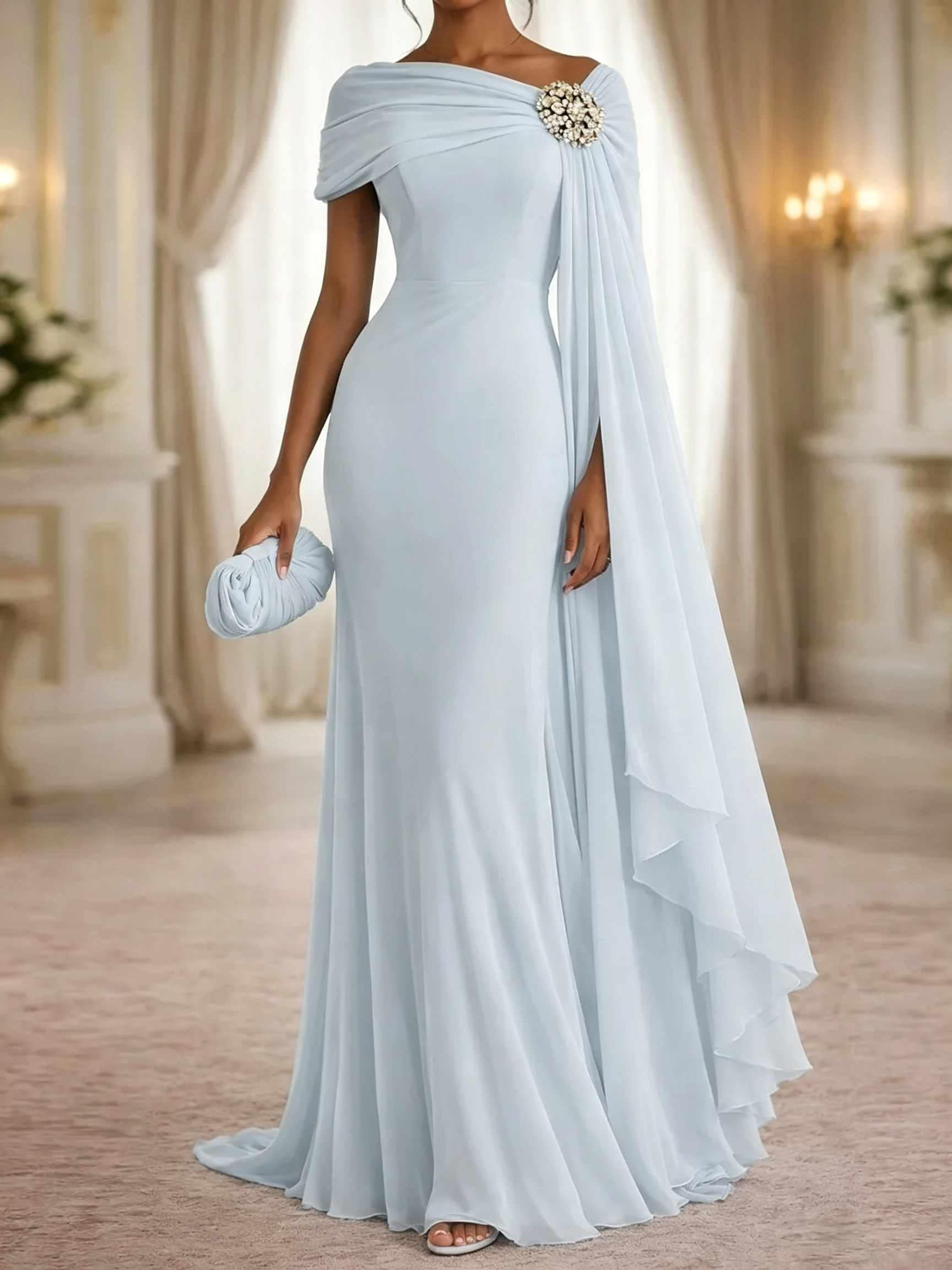 Stunning Sheath One-Shoulder Rhinestone Sweep Train Chiffon Corset Mother of the Bride Dress