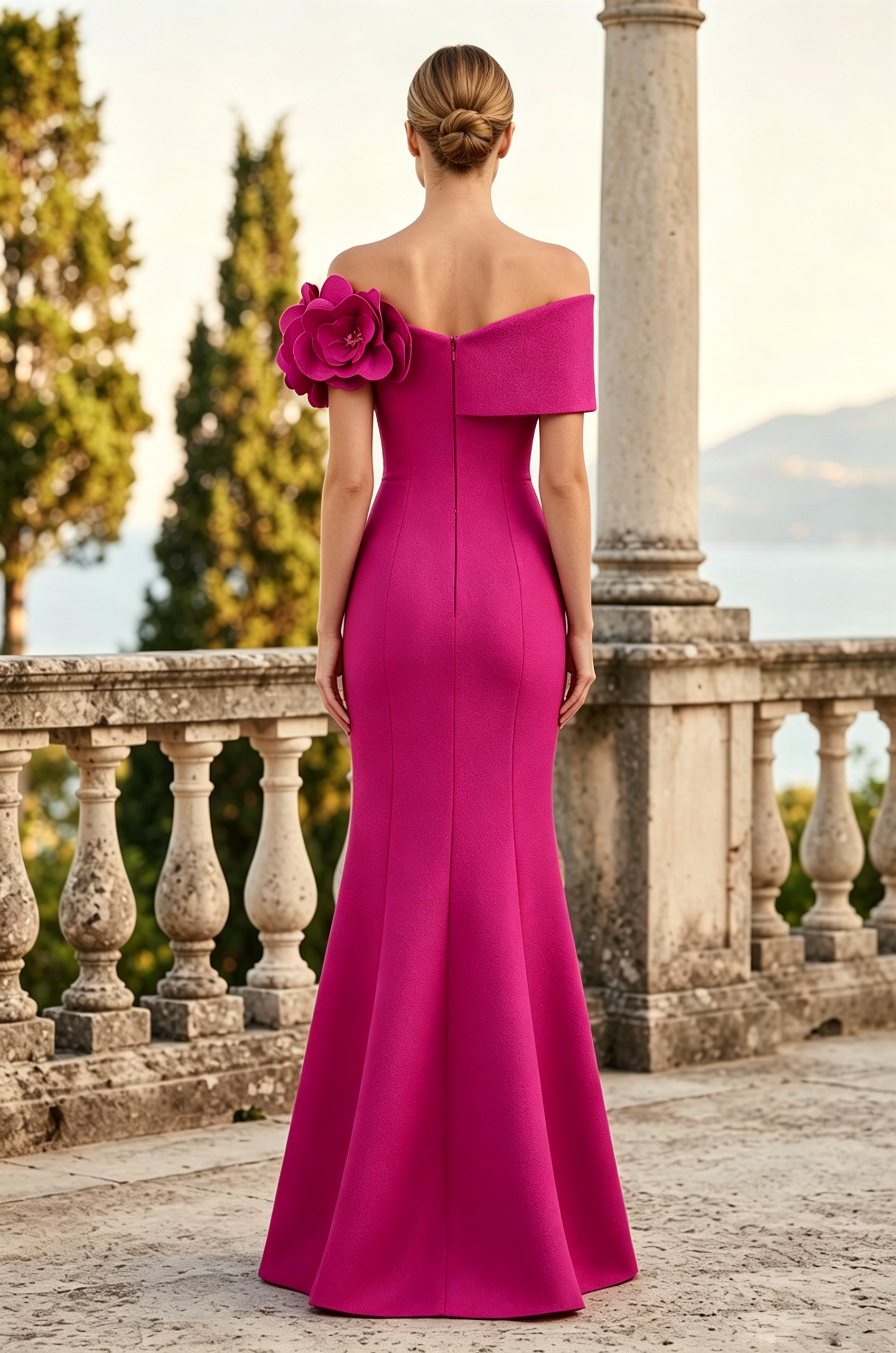 Off-The-Shoulder Floral Accent Mermaid Evening Gown
