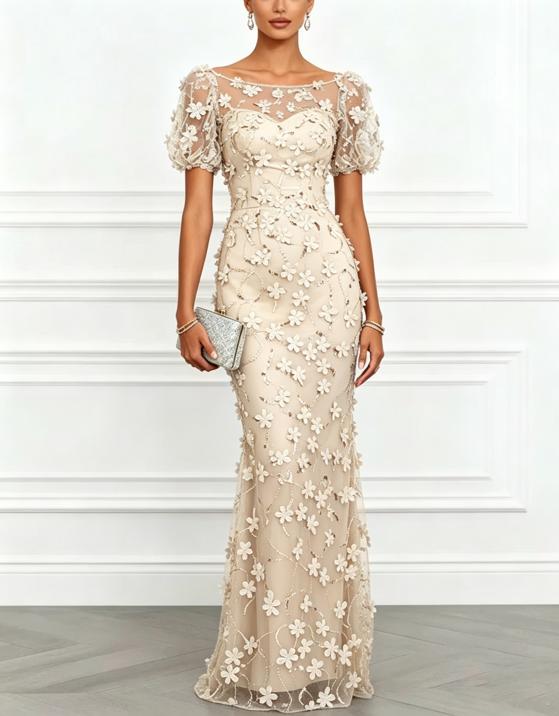 Light Blue 3D Floral Mesh Mermaid Maxi Dress
