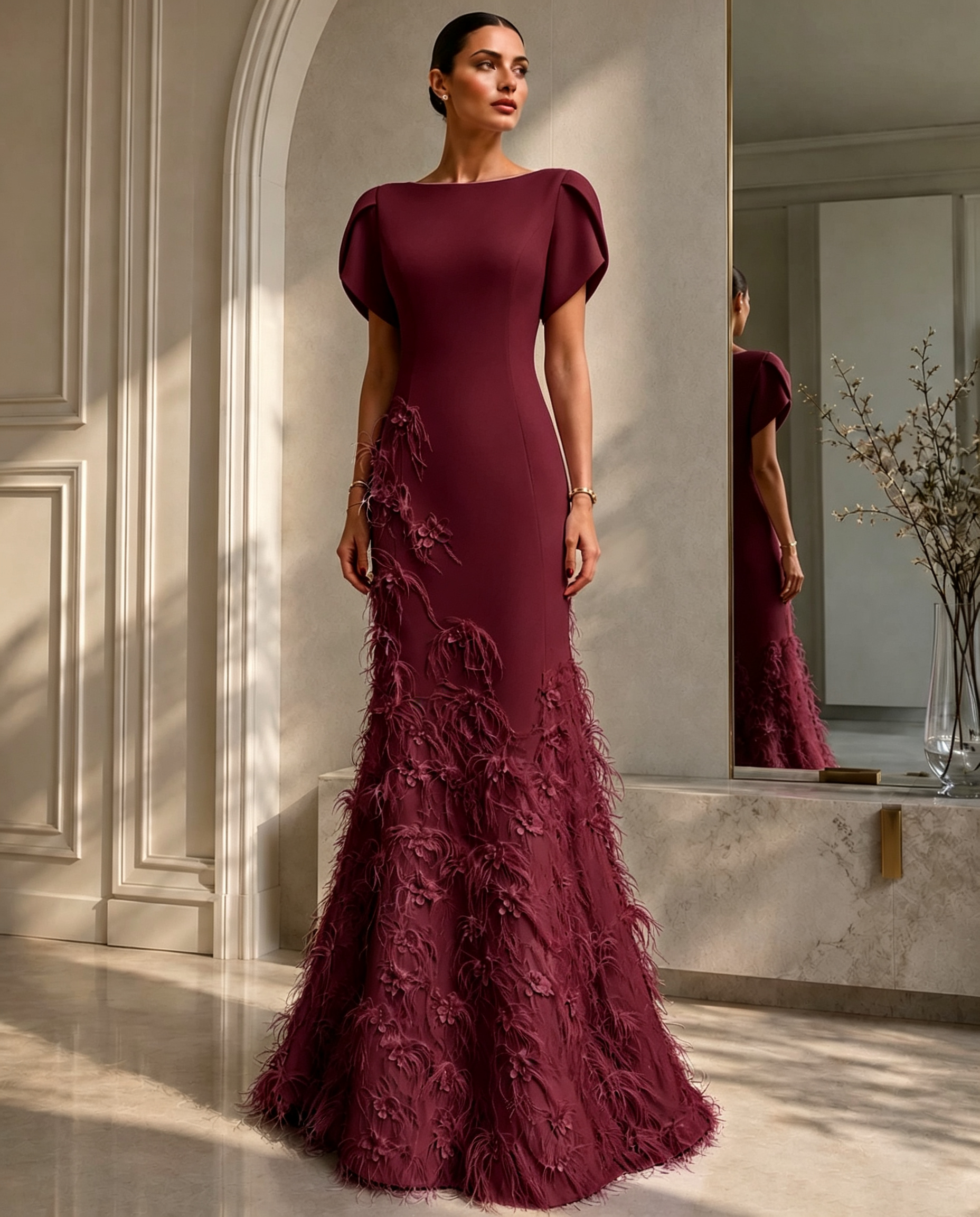 Elegant Lavender Boat-Neck Gown With Floral Feather Appliqué
