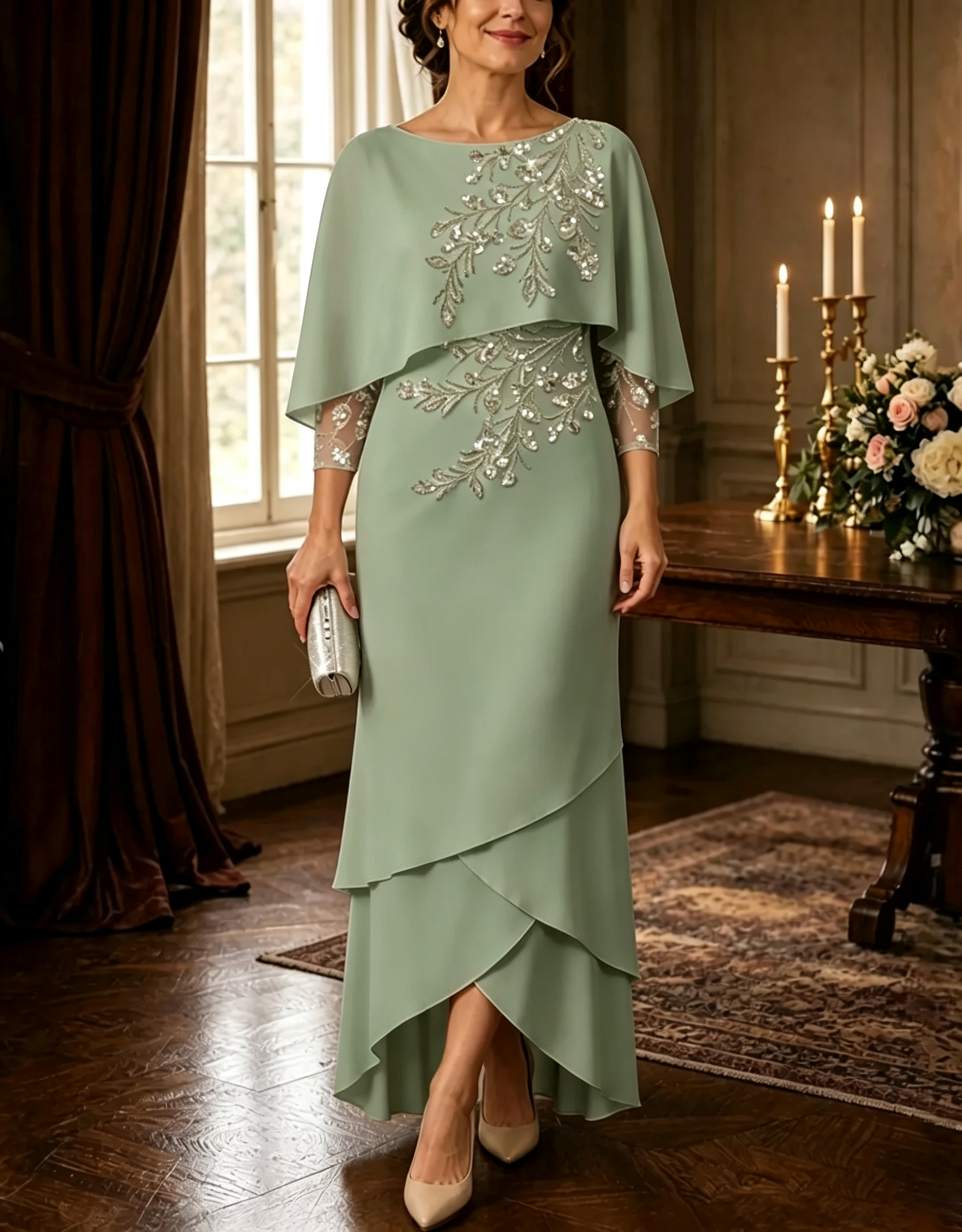 Embellished Capelet Layered Chiffon Evening Gown