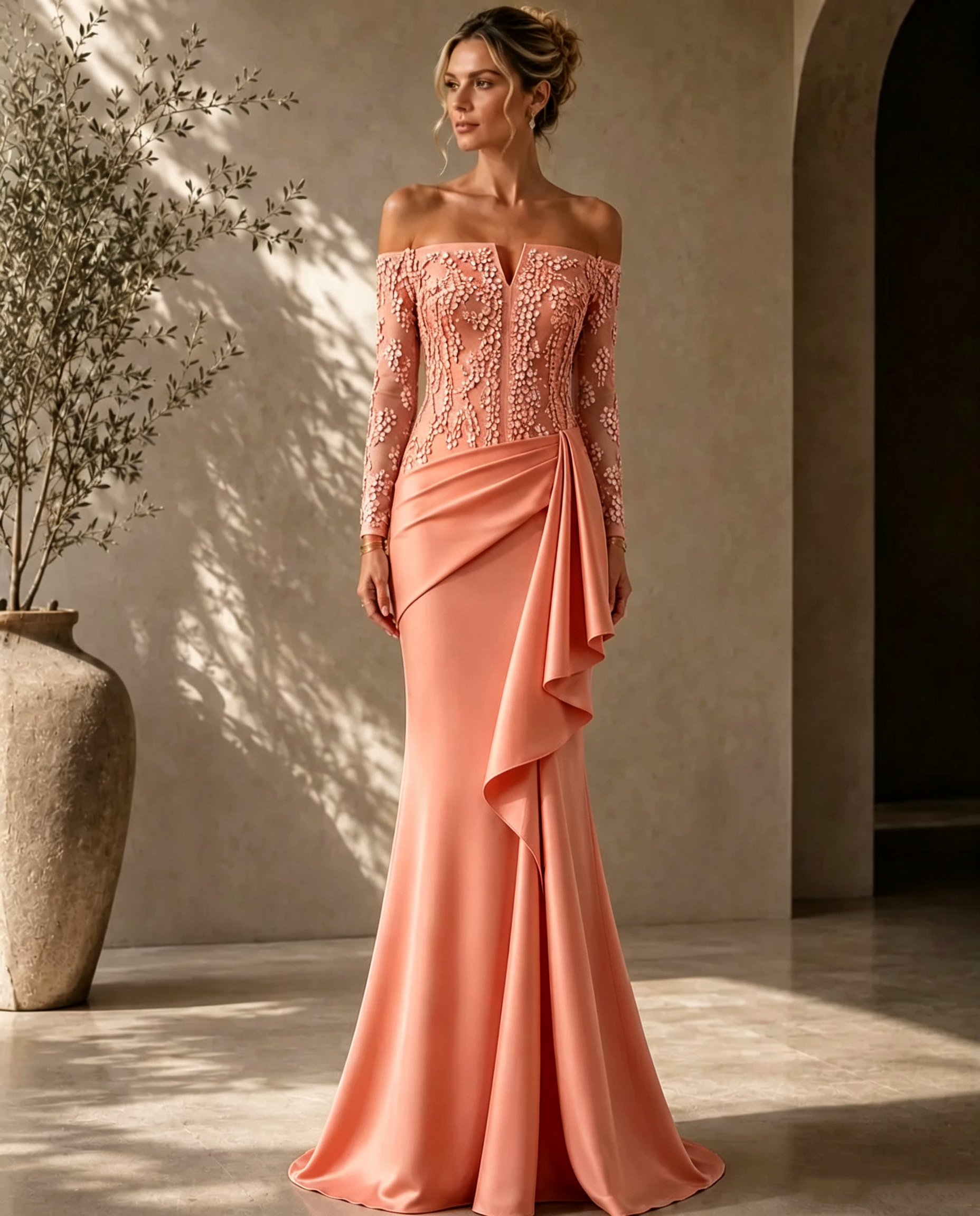 Elegant Off-Shoulder Lace-Bodice Gown