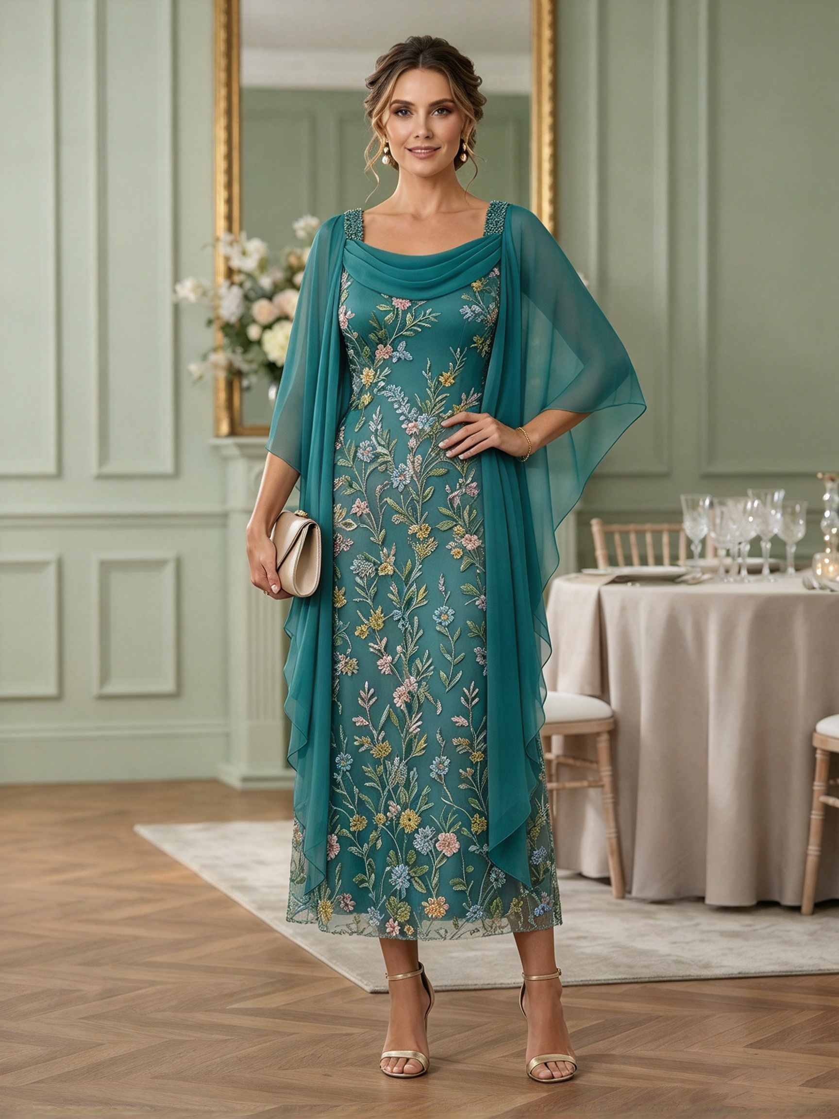 Embroidered Mesh Midi Dress With Chiffon Capelet