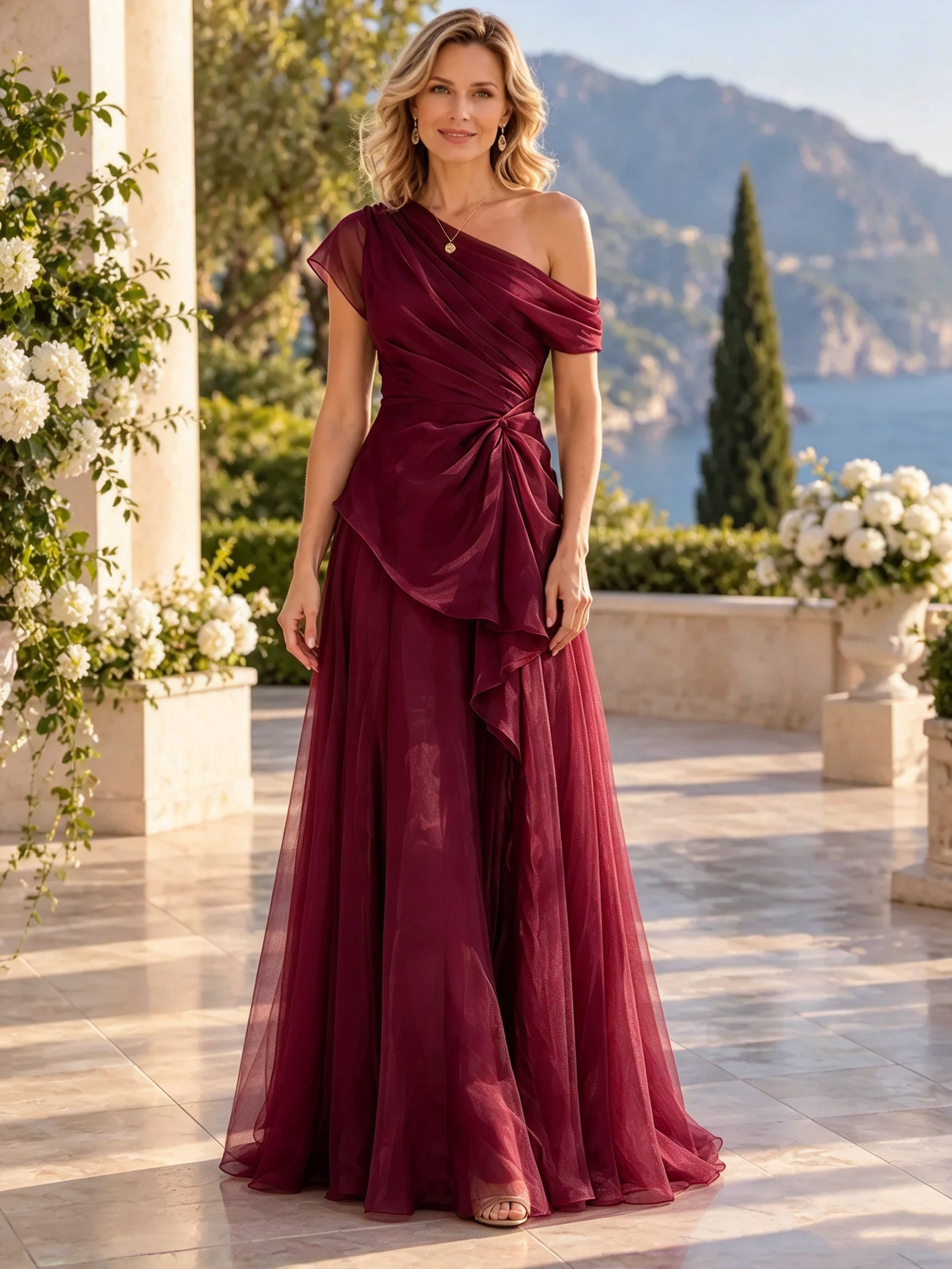 One-Shoulder Pleated Pebbled Organza Evening Gown