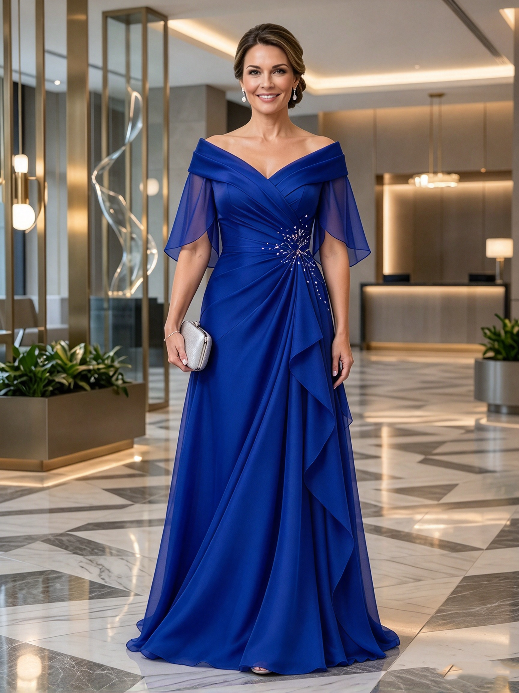 Off-The-Shoulder Beaded Chiffon Evening Gown