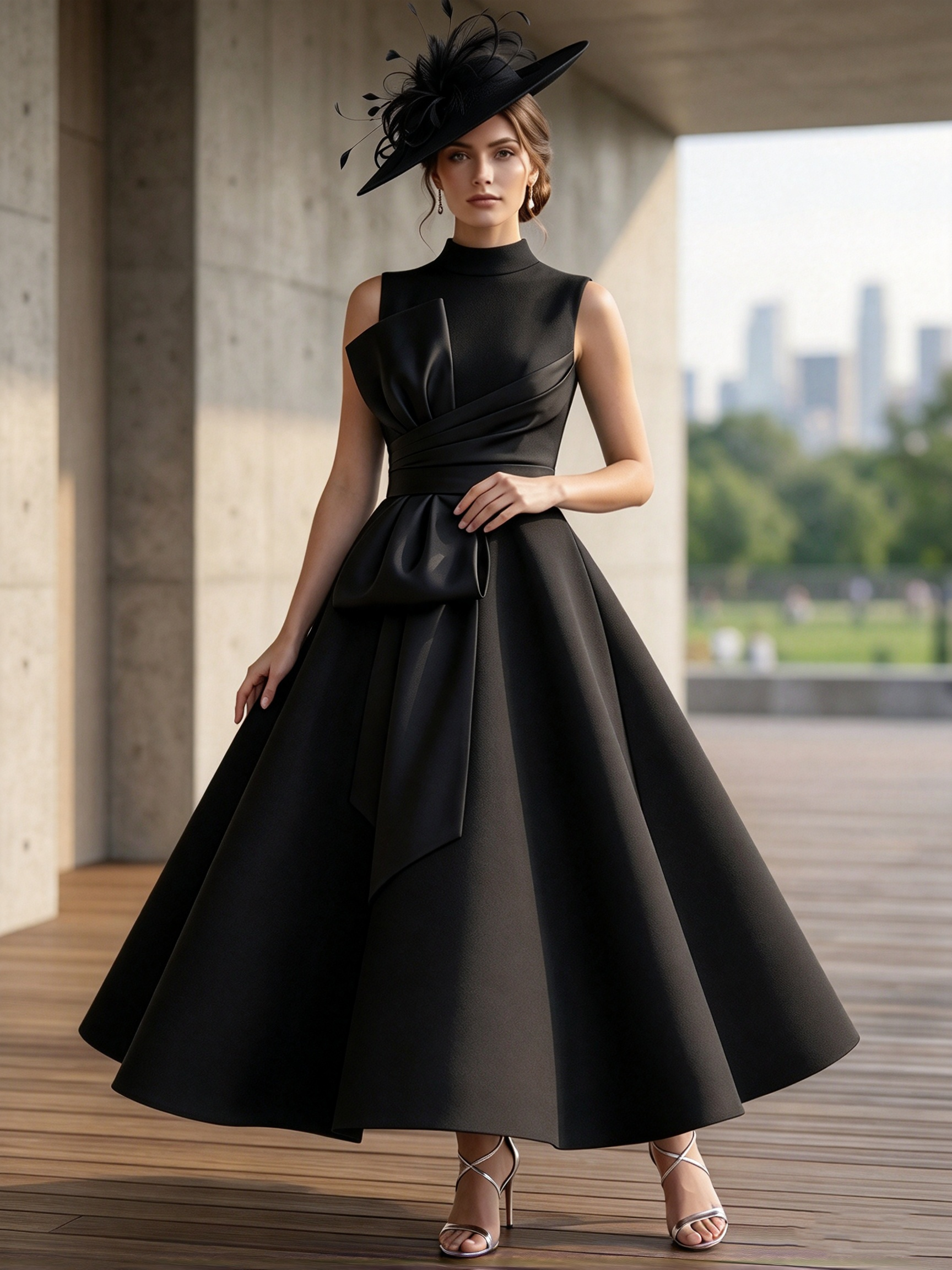 Sleeveless High Neck Mikado Satin Ankle-Length A-Line Dress With Contrast Bow