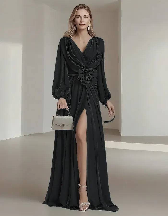 Elegant Chiffon Solid Color Long Slit Puff Sleeve Maxi Dress